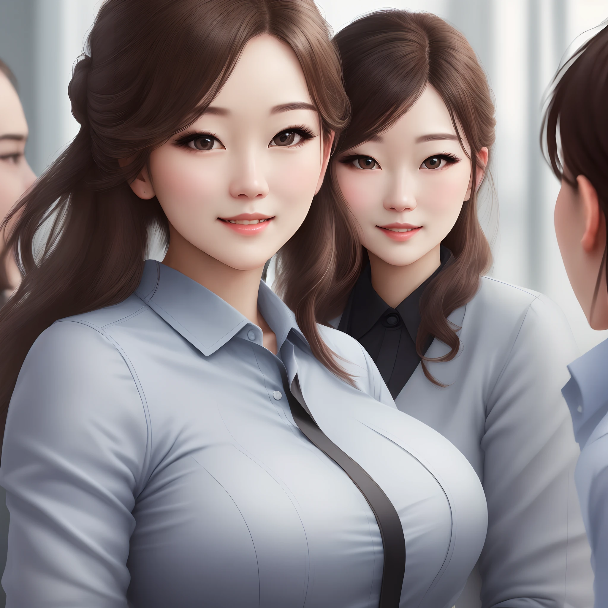 Draw a portrait of a realistic career woman。Her appearance、garments、hairstyle on、Describe features such as facial expressions in detail。pure、What profession she is in、Describe your work situation and environment。Express her confidence and expertise in a way that is felt。