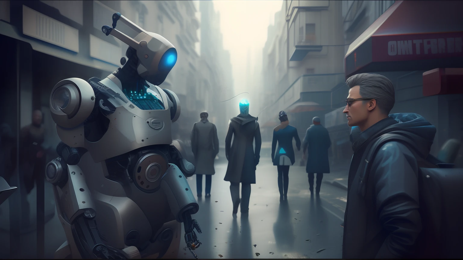 Hay un robot parado en medio de una calle llena de gente, Arte cyberpunk ultrarrealista 8K, Estilo cyberpunk hiperrealista, depicted as a scifi scene, Estilo cyberpunk , Hiperrealista, Calle futurista dieselpunk, Escenario ciberpunk futurista, Cinematic 3D rendering, CGSOCIETY Cinematographic, CGsociety Cyberpunk, Cyber Steampunk 8K 3D, en Cyberpunk City, Robot cyberpunk