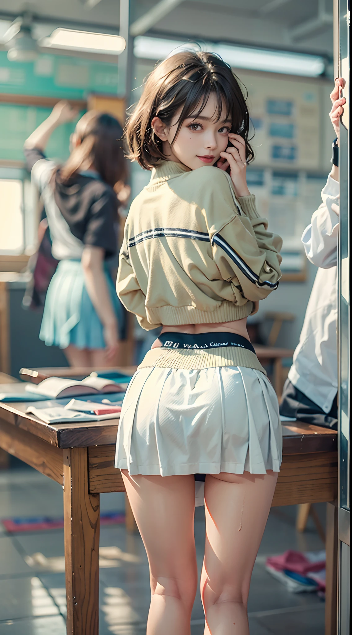(NSFW), 1womanl, Solo, 24 year old, 7headed body, (cute  face), (Ideal ratio body proportions), ‎Classroom, shool uniform, Sweatshirt, Ultra mini skirt, heavy wind, Looks Back, (((Point your butt at the camera))), ((The skirt flips up in the wind)), ((Show your panties to the camera)), white  panties, panties focus, long , Sexy body, Wet, Smiling smile, short-hair, Dark hair, small tits, A slender, Small buttocks, beauty legs, Skinny Legs, surrealism, Cinematic lighting, depth of fields, One-person viewpoint, F/1.8, 135 mm, nffsw, masutepiece, ccurate, ((Anatomically correct)), Textured skin, Super Detail, high details, High quality, awardwinning, Best Quality, hight resolution, 8K