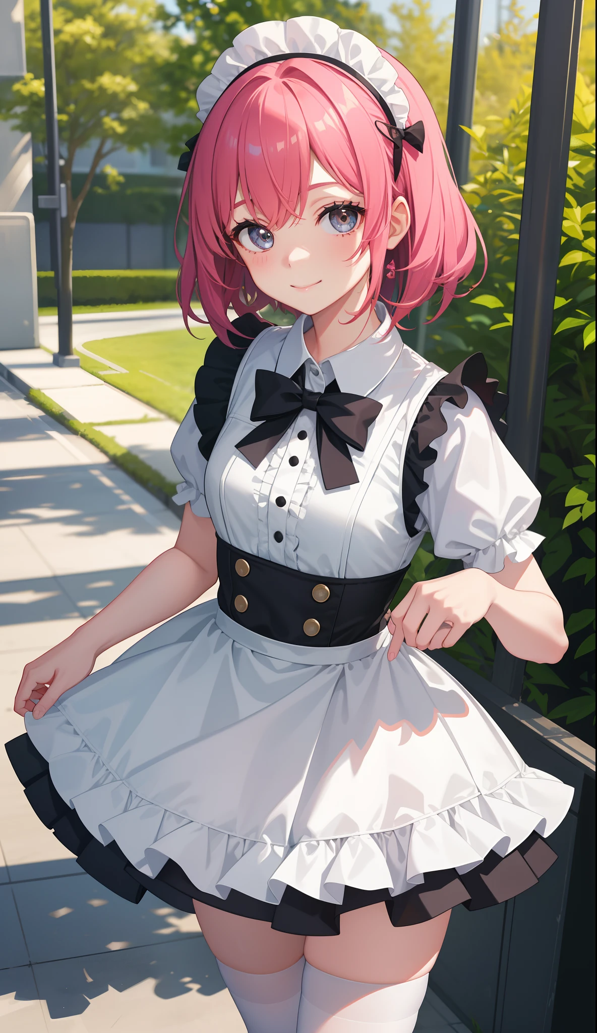 1girl in、AS-Adult、A smile、The shirt、Ultra mini skirt、pantiy、（small tits）、doress、pinafore、Hair decoration、（Maid costume）、Walking with a thigh、Upper body portrait、