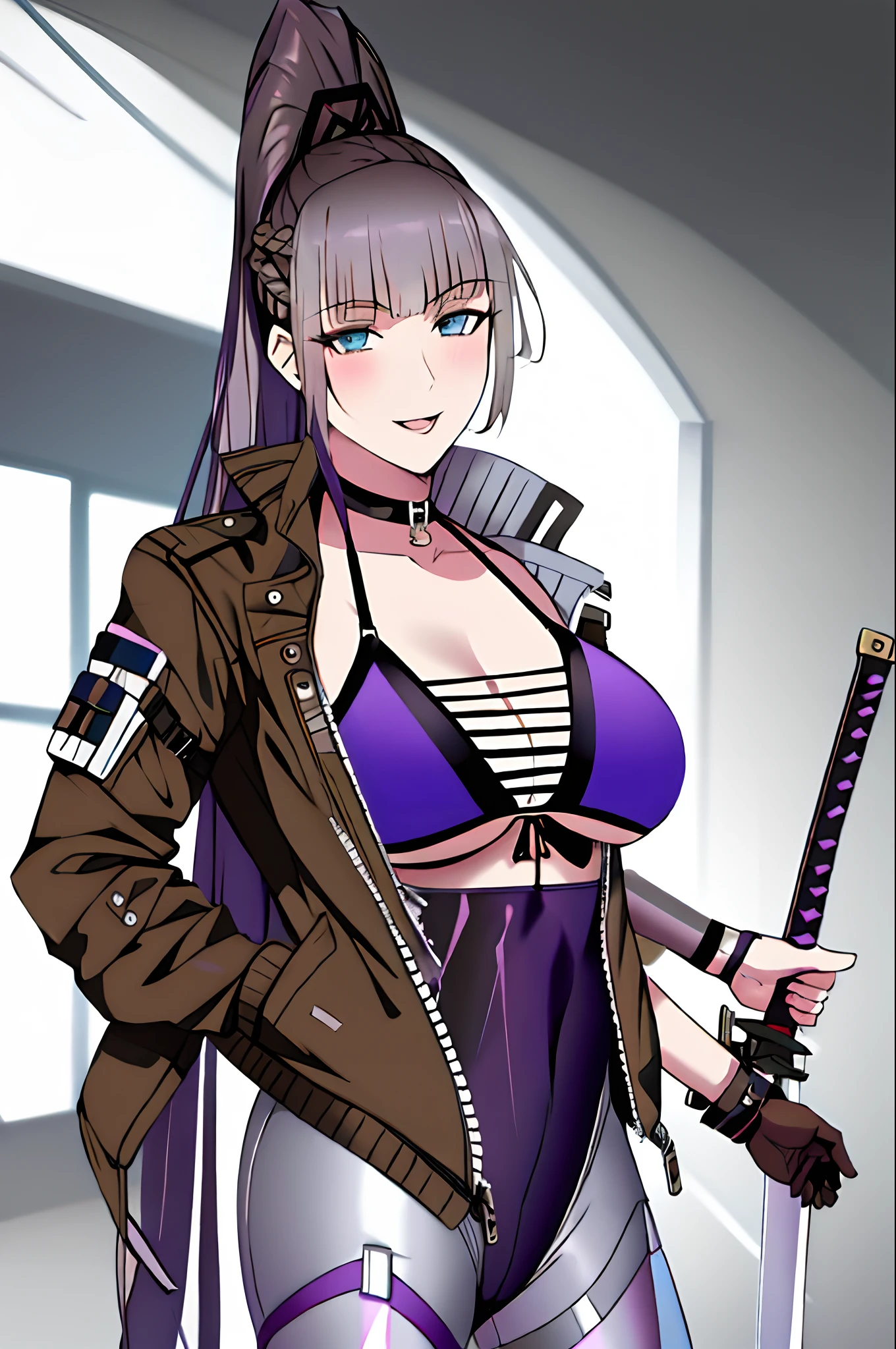 1girl, solo, jacket, looking at viewer, sword, ponytail, bangs, open clothes, long hair, swimsuit, open jacket, bikini, blue eyes, braid, grey hair, sheathed, choker, cleavage, smile, pants, sheath, parted lips, indoors, blunt bangs, brown jacket, barcode, hand in pocket, katana, white pants, open mouth,large breasts,shiny skin,baiyi,(mature female:1.),