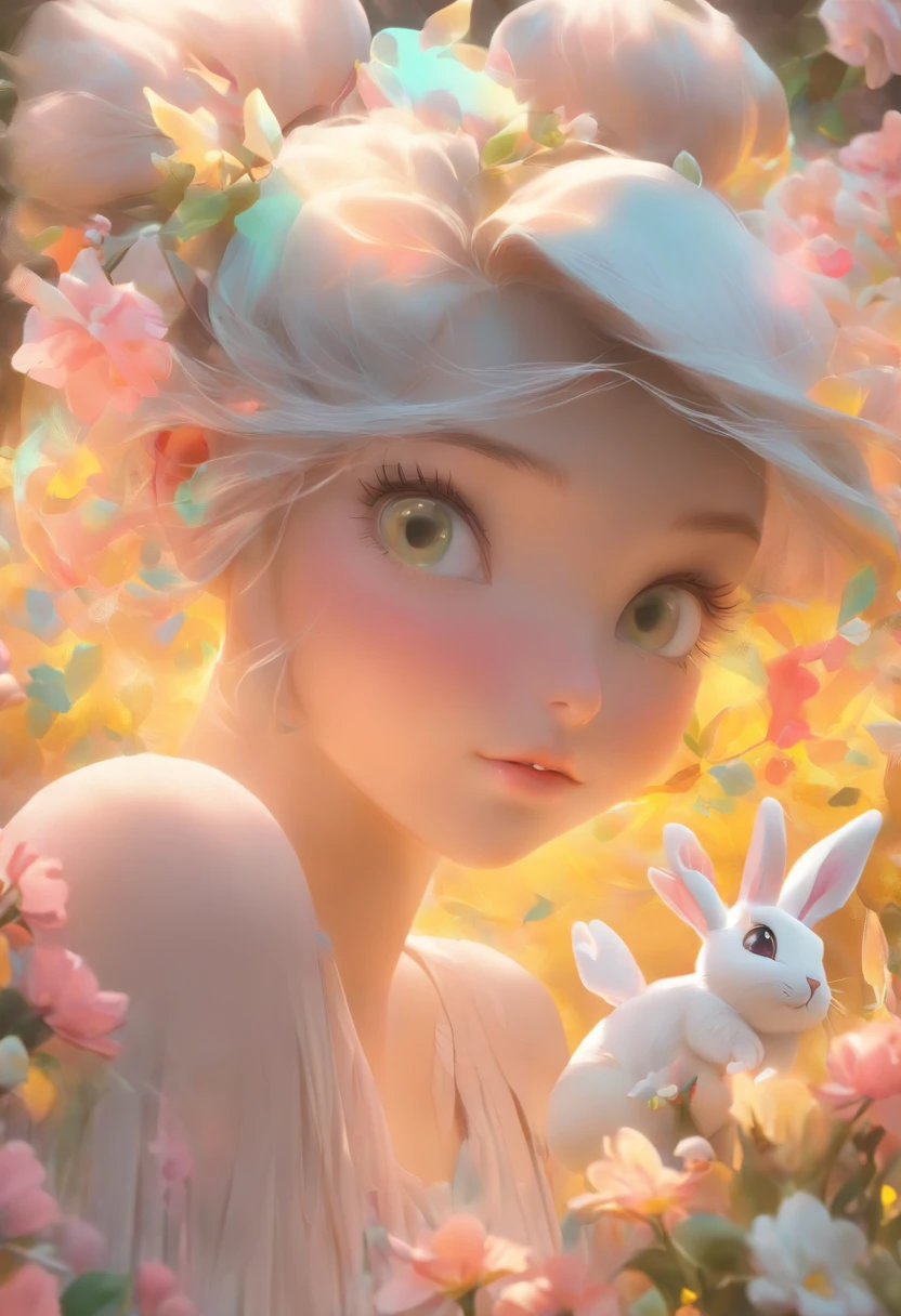 detail, Realism, 4K, 15-year-old girl, facial detailing, large yellow eyes, Plump lips, Upturned nose, Gray hair on pink hair, Wearing a white dress, Black rabbit in his hands, Flowers in the background, White butterfly in the foreground, Realistic shooting, depth of fields, Soft front light, Glow, nffsw (PastelColors: 1.2), Canon RF 100mm f2.8L 宏 IS USM