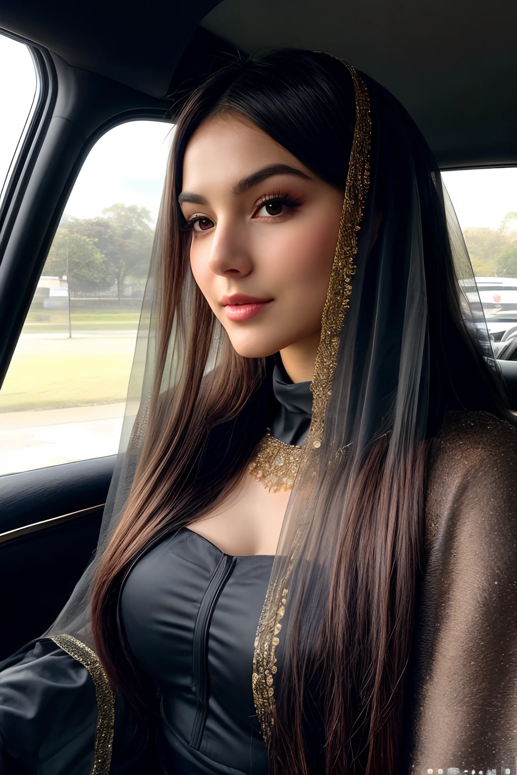 Ultra Photorealistic, Cinematic Lighting, ultra detailed skin, skin pores, finely detailed features:1):0.9, Very attractive, araffe woman in a veil sitting in a car with a window open, victoria justice, instagram selfie, wearing traditional garb, soft colore, very very very very beautiful, round cheeks, venus goddess, sunlight, she is 23, awestriking, 60s, matlab, incredibly ethereal, cam de leon, dressed in ornate