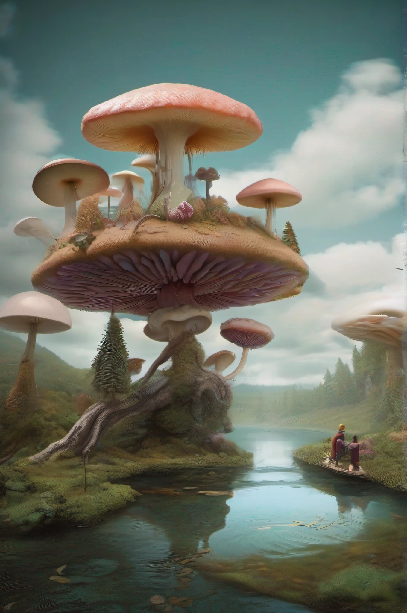 a mesmerizing landscape that blurs the line between reality and fantasy, a place where imaginative creatures, floating objects, and dreamlike elements converge. Visualize a world where gravity is whimsical, with objects suspended mid-air and floating islands defying the laws of physics. Whimsical creatures, with elongated limbs and vibrant plumage, inhabit this surreal realm, exuding an aura of curiosity and mystery. The environment is a blend of lush, otherworldly forests, with glowing mushrooms and cascading waterfalls, and vast open skies adorned with ethereal clouds. The mood is one of enchantment and awe, evoking a childlike sense of wonder and the endless possibilities of the imagination. Sculpture, employing a combination of resin, metal, and mixed media to bring the imaginative creatures, floating objects, and dreamlike elements to life in a tactile and three-dimensional form