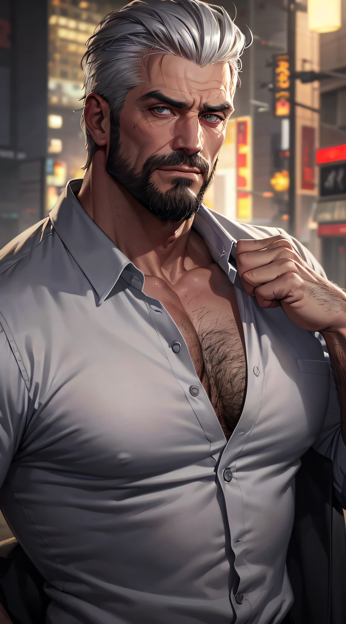 Mature man, best quality in black shirt (open shirt), nipple piercing, masterpiece, super high resolution, detailed background, realistic, illustration, single, 1 boy, muscle man, beard, street, muscle, facial hair, volumetric lighting, depth of field, gasping for air, raised crotch