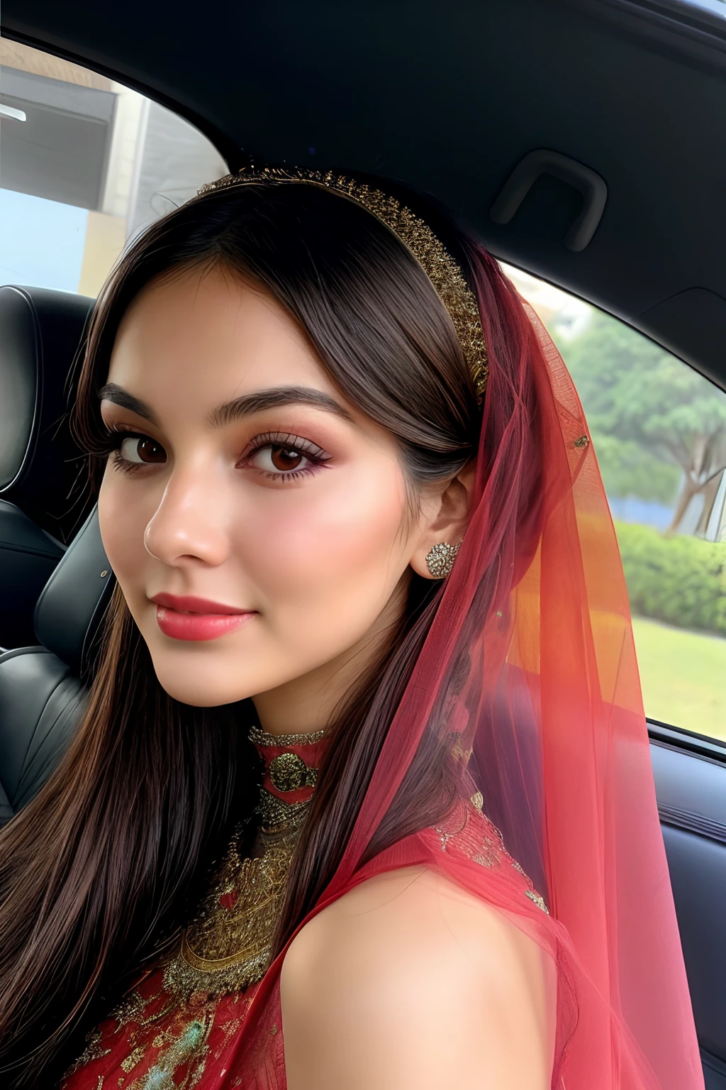 Ultra Photorealistic, Cinematic Lighting, ultra detailed skin, skin pores, finely detailed features:1):0.9, Very attractive, araffe woman in a veil sitting in a car with a window open, victoria justice, instagram selfie, wearing traditional garb, soft colore, very very very very beautiful, round cheeks, venus goddess, sunlight, she is 23, awestriking, 60s, matlab, incredibly ethereal, cam de leon, dressed in ornate