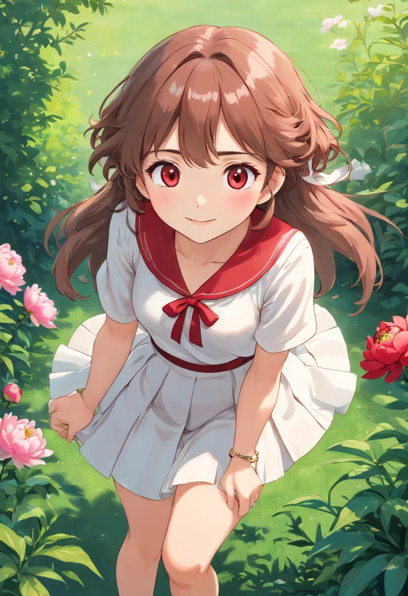 masterpiece, best quality, ultra high res, 1girl, (photorealistic:1.5), natural lighting, perfect artwork, portrait, beautiful, detailed puffy eyes, small breasts, young, detailed eyes, curly hair, light brown hair, cute, adorable, streaked hair, (aegyo sal:1), enchanting smile, necklace, full body, kpop idol, teen, Chinese, 16 years old, nature, blush, red peony flower garden, peony, blossom, flower hair ornament, grass, pleated skirt, barefoot, white pleated skirt, skinny thigh