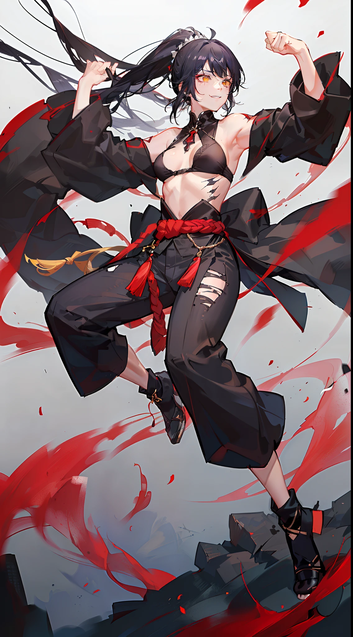 Young guy, short black hair, high ponytail, Yellow eyes, Scars, bloods, confusion, Wounds, Smile, Bandages, red martial arts pants, open torso, Masterpiece, hiquality, 4k, HD, Good detail