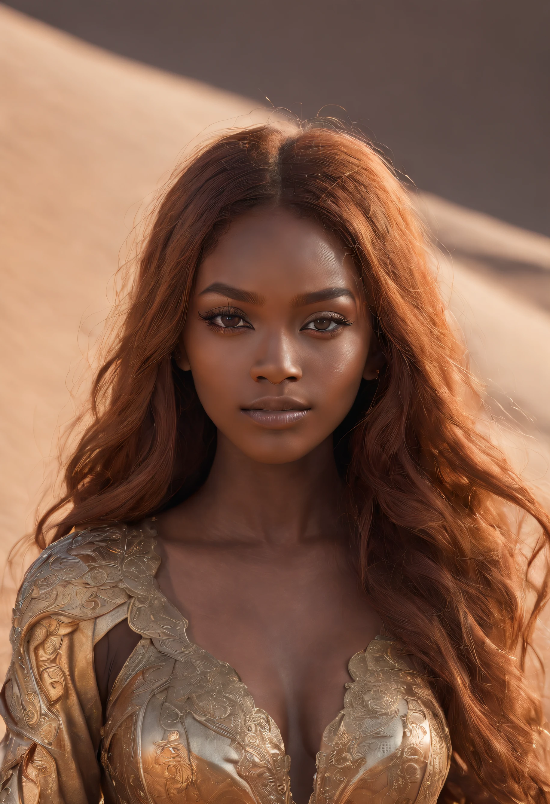 Photo, Raw, [bokeh], shallow DOF, sharp eyes focus , redhead, thicc body, full body shot, alone, ((30 year old black woman )), (((ultra realistic detailed eyes))), intricate eye details, cute smile, sweaty, wearing medieval copper plate armor , model shoot pose, ultra skin texture, ((ultra skin details)), skin imperfections, intricate details, ( sitting in dark sand dunes  ), long messy hair, fog, volumetric lighting, ((streaking light across face)), hair light, bloom, golden hour, dark shadows, visually interesting , low key, ultra realism