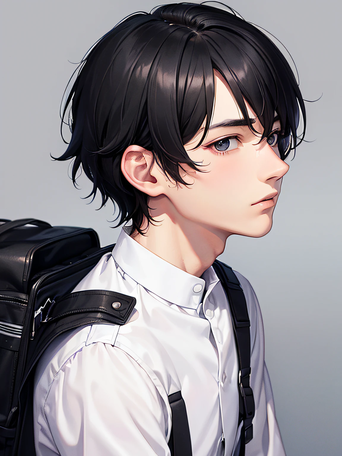 Man with short black hair、20-year-old man、sullenness、facing front、up of face