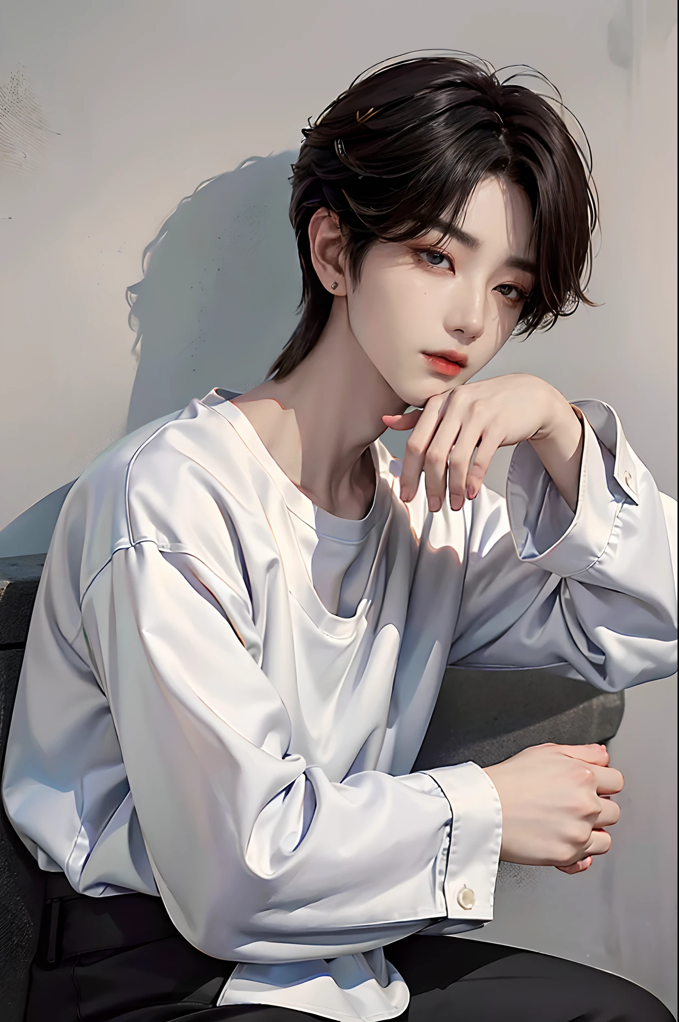 masterpiece、(top-quality)、((high-level image quality))、One Manly Boy、Slim body、((White Y-shirt and long black pants))、(Detailed beautiful eyes)、September Night Road、Sit on the curb with your back to the wall、Face similar to Chaewon in Ruseraphim、((short hair above the ears))、((Smaller face))、((Neutral face))、((Light brown eyes))、((Korean boy))、((18year old))、((Handsome man))、((Wild look))、((Korean Makeup))、((elongated and sharp eyes))、((Sit next to the viewer))、((shot from a side angle))、((The upper part of the body))、((Close-range shooting))