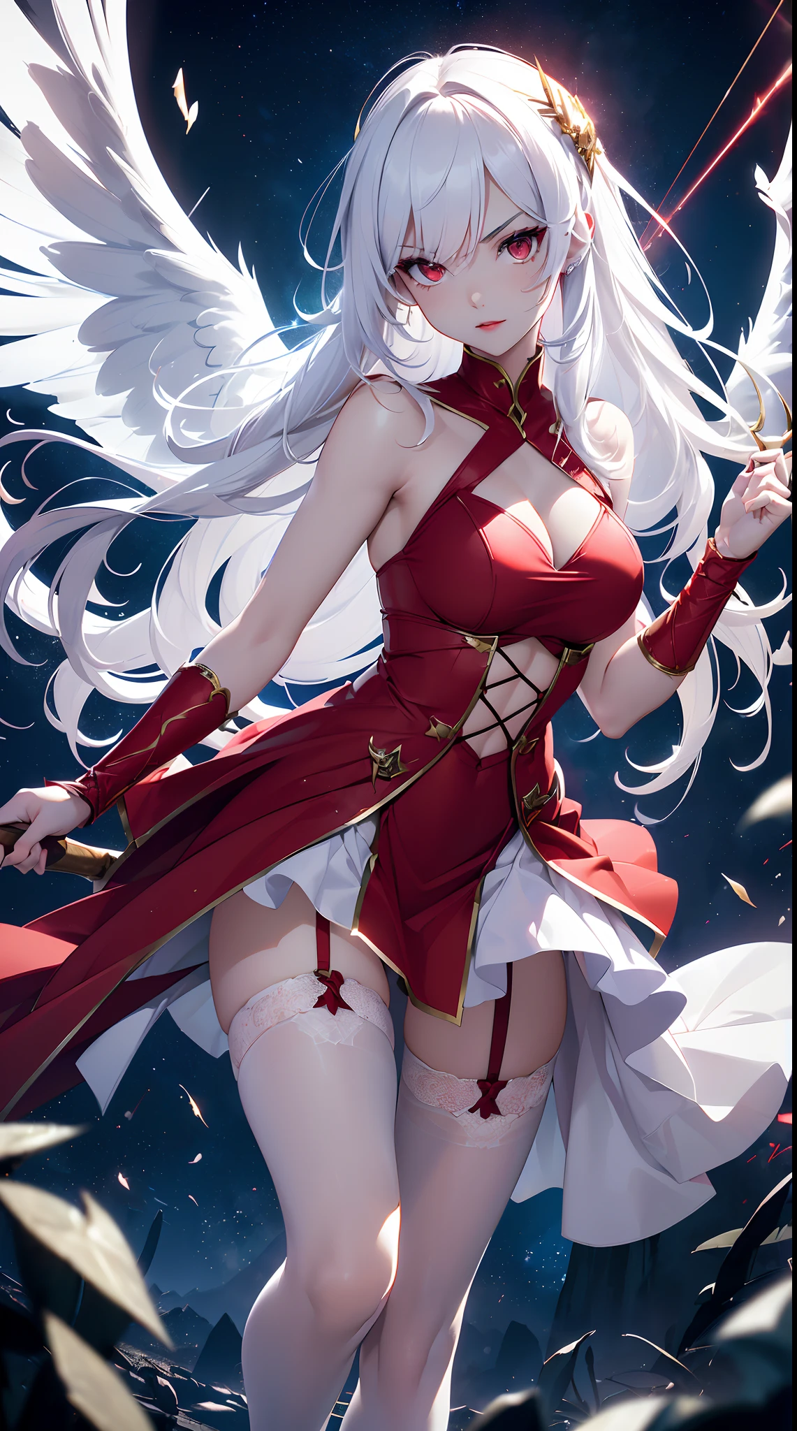 .20 year old young woman( Long white hair ),(bright red eyes)<=(eyes HD lighting) (has red lips), beautiful eyebrows (badass expression) both hands have red bracelets on the arms (wears clothes made of transparent white cloth) (sexy white underwear model Garter Belt ) (has 6 wings with a beautiful) (He wears gold bracelets on both feet) (sky setting at blue dark ) (there is an effect of bright red particles flying in the background, (flying) (pose during serious fighting) <=(lunging forward)giving an elegant and epic impression.dark atmosphere with bright particle light(many effects in background) blue lightning particel,Holding a death scythe.