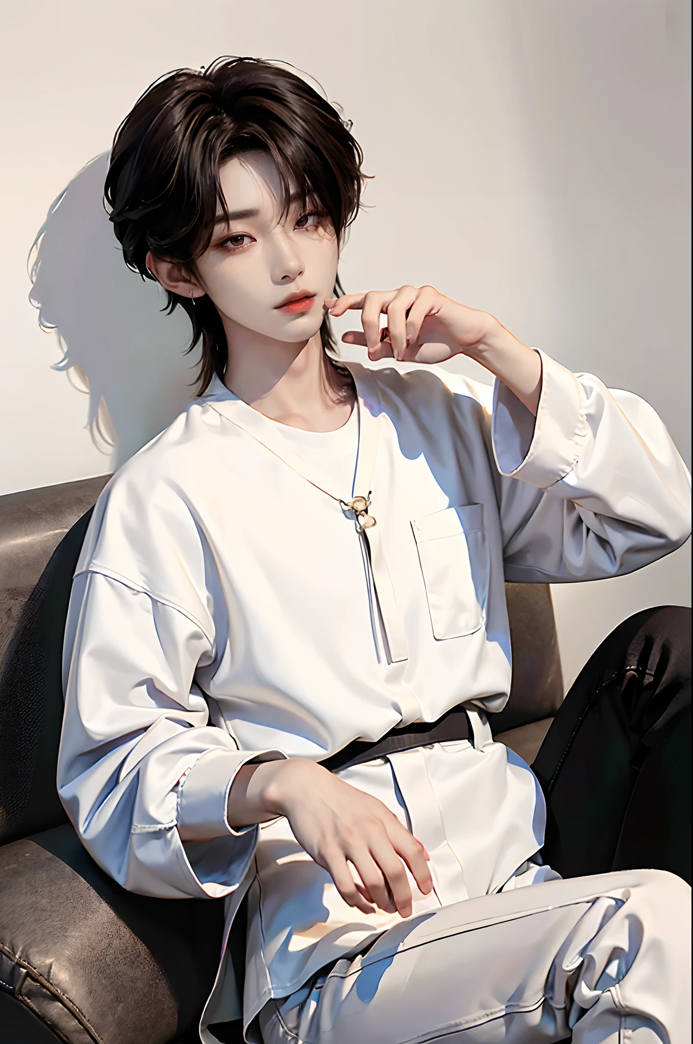 masterpiece、(top-quality)、((high-level image quality))、One Manly Boy、Slim body、((White Y-shirt and long black pants))、(Detailed beautiful eyes)、September Night Road、Sit on the curb with your back to the wall、Face similar to Chaewon in Ruseraphim、((short hair above the ears))、((Smaller face))、((Neutral face))、((Light brown eyes))、((Korean boy))、((18year old))、((Handsome man))、((Wild look))、((Korean Makeup))、((elongated and sharp eyes))、((Sit next to the viewer))、((shot from a side angle))、((The upper part of the body))、((Close-range shooting))