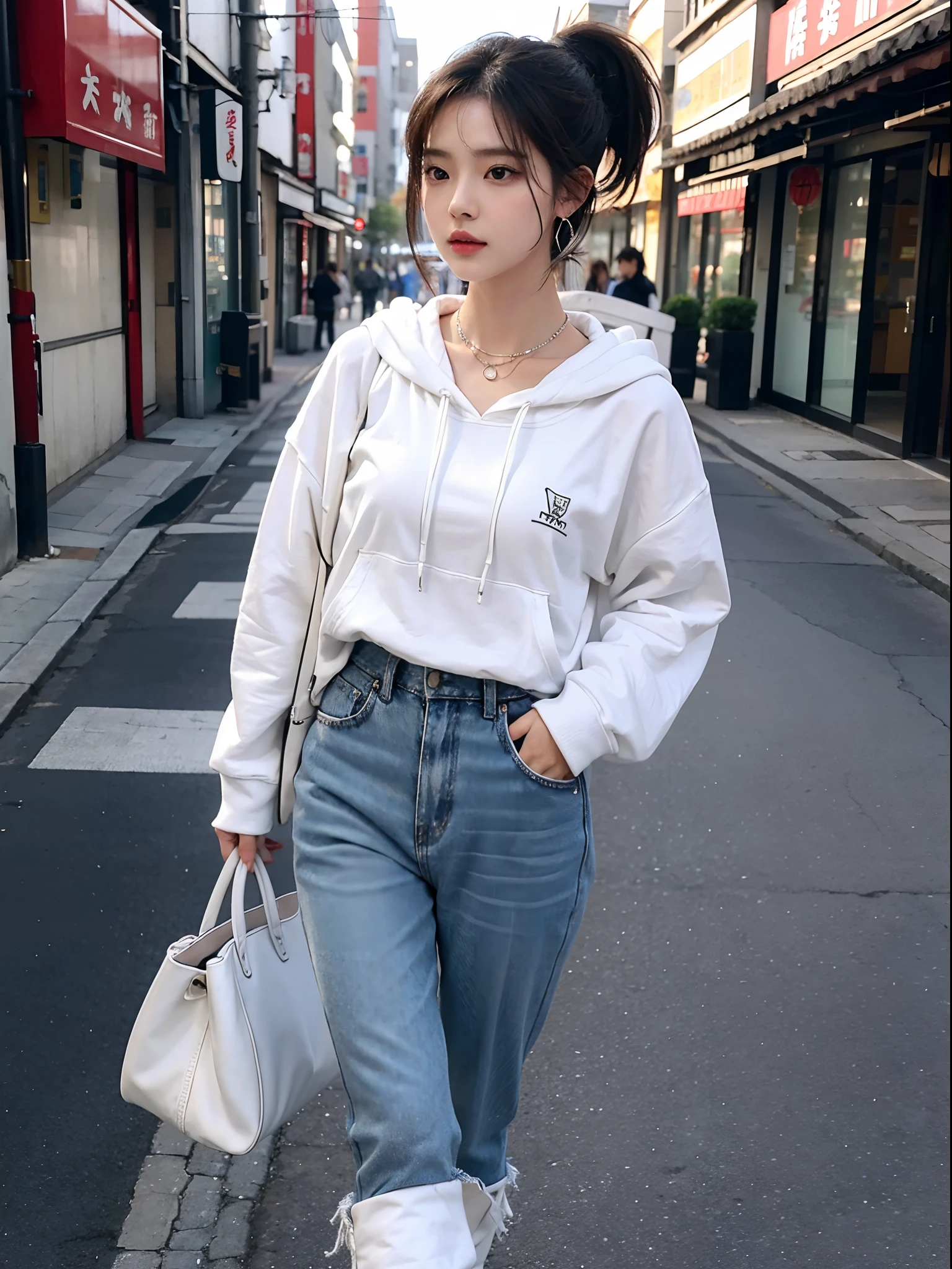 1girl, 175cm,korean kpop idol and model, 22 years old,soft body, close-up, 8k, RAW photo, best quality, masterpiece,realistic, photo-realistic,seductive,cute,A beautiful woman in a large ,oversized hoodie, very short pants,tall white boots,Liuhai hairstyle,ponytail hairstyle ,hair reaches waist , platinum necklace , large earring ,With white handbag,( walking in japanese street)