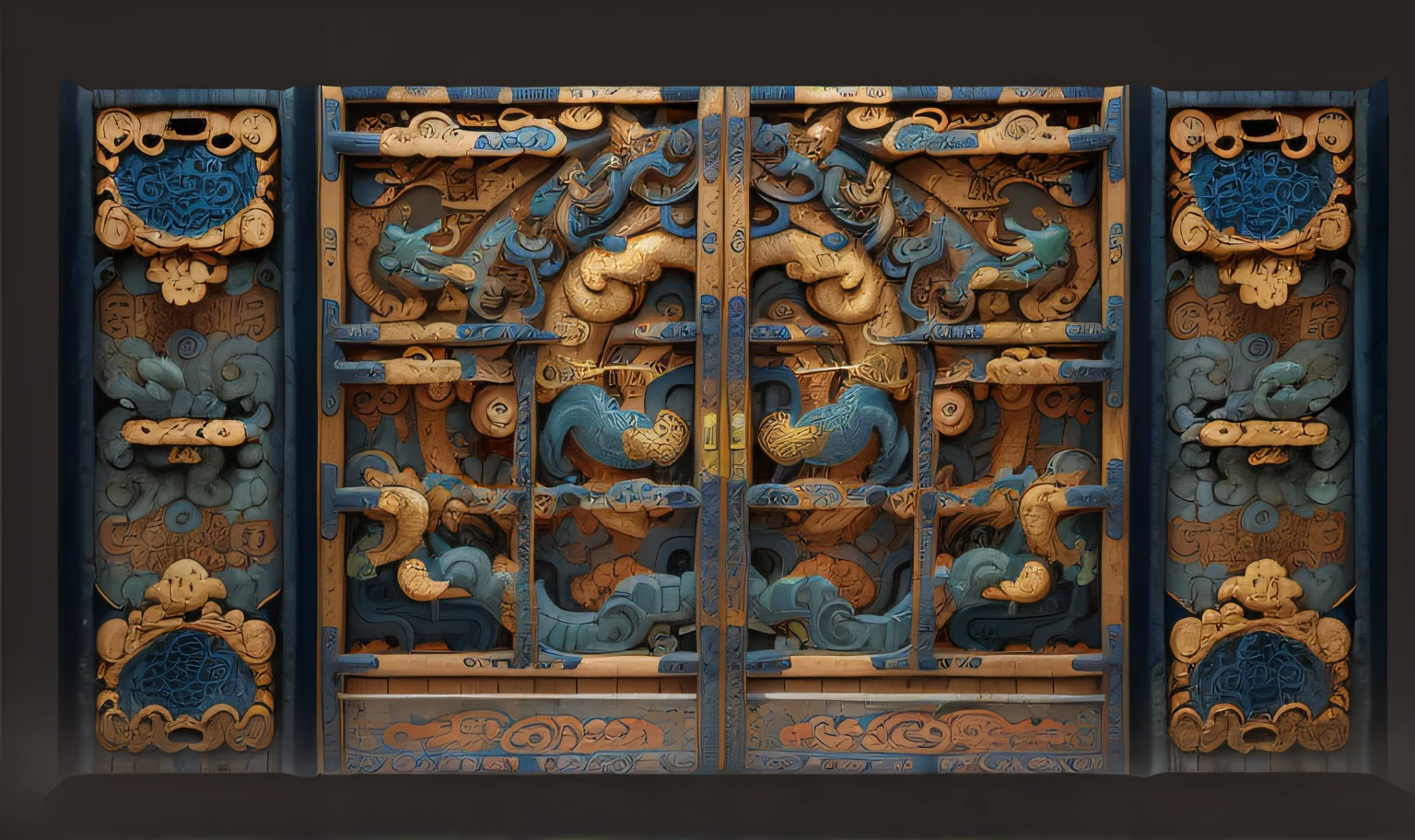 There is a blue and gold gate,There is a dragon on it, highly detailed panel cuts, ancient chinese ornate, pop japonisme 3 d ultra detailed, massive decorated doors, highly detailed and colored, Highly detailed. post-proces, high resolution and detail, intricate detail realism hdr, Highly detailed digital art, Post-processing. High detail, highly detailed texture render,((Traditional Chinese moire)),Ultra-clear 8K,