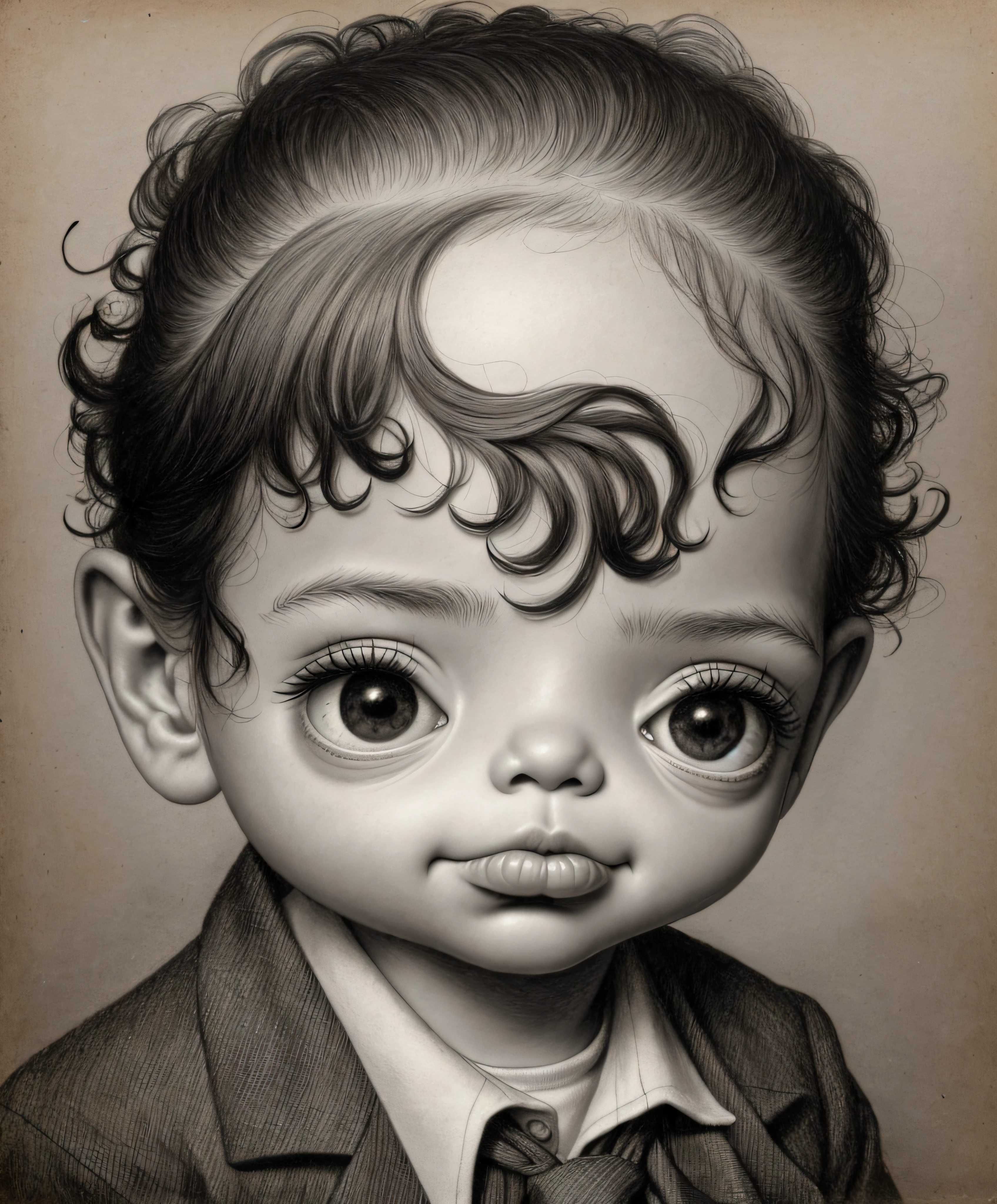Drawing of a child with a creepy face and tie, Mark Ryden en el estilo de, Estilo Mark Ryden, Estilo de Mark Ryden, Mark Ryden muy detallado, Jean - Baptiste Monge, Jean Baptiste Monge, inspirado por Mark Ryden, Estilo de Santiago Caruso, por Santiago Caruso, horripilante!!