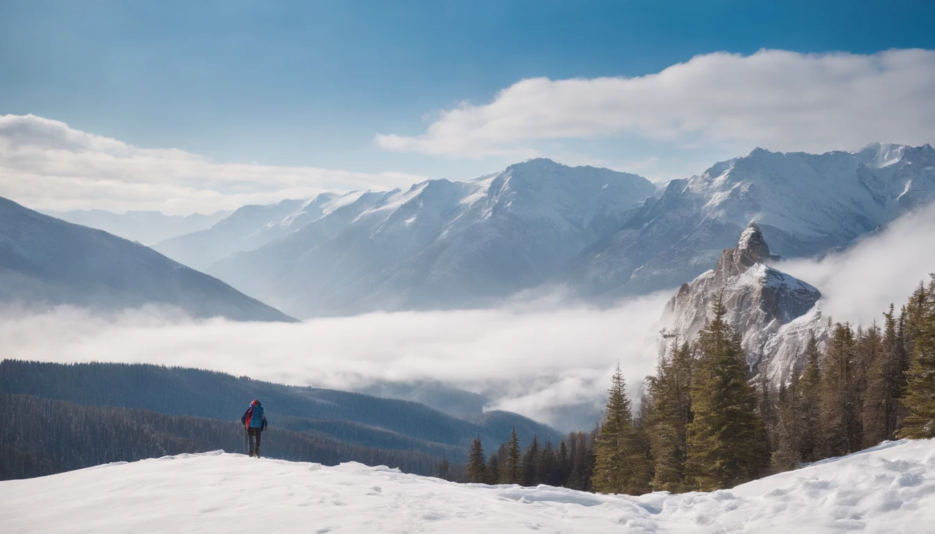 Climb the back of the snowy mountain alone,Very shocking picture,Blue sky
