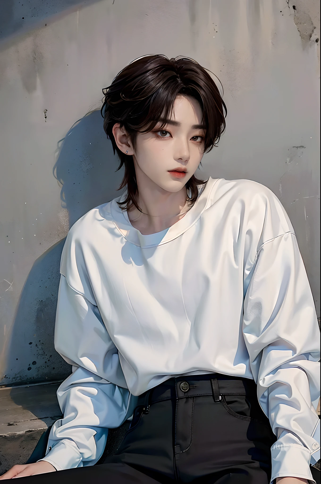 masterpiece、(top-quality)、((high-level image quality))、One Manly Boy、Slim body、((White Y-shirt and long black pants))、(Detailed beautiful eyes)、September Night Road、Sit on the curb with your back to the wall、Face similar to Chaewon in Ruseraphim、((short hair above the ears))、((Smaller face))、((Neutral face))、((Light brown eyes))、((Korean boy))、((18year old))、((Handsome man))、((Wild look))、((Korean Makeup))、((elongated and sharp eyes))、((Sit next to the viewer))、((shot from a side angle))、((The upper part of the body))、((Close-range shooting))