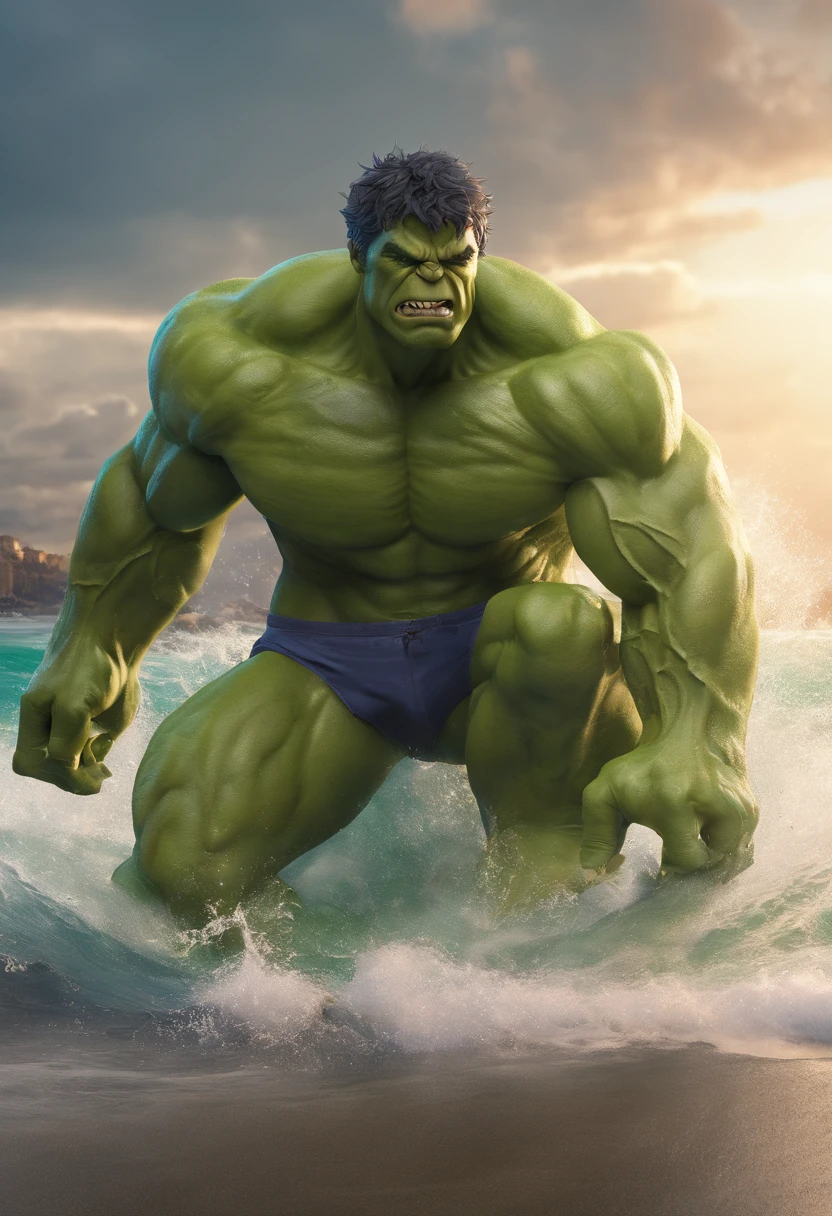/imagine prompt: The Hulk is by the sea,Sit on a recliner,Look at the beautiful girl in the sea::3.3 --v 5