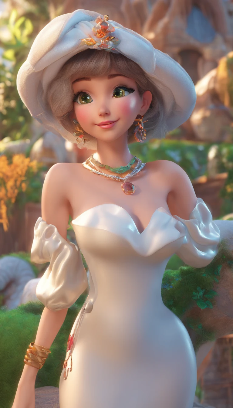 Pixar style super cute anthropomorphic white snake, Large breasts,cleavage,Off-the-shoulder attire,Dahan costume and crystal crown, standing, Charming big eyes, Cute tail, standing, Surreal, Super fine, Luxurious, Graceful standing, Charming big eyes, Cute tail, standing, Surreal, Super detailed, Luxurious, elegant, complex, Gorgeous, illusory engine, Octane rendering, 8K, Frey surrealism