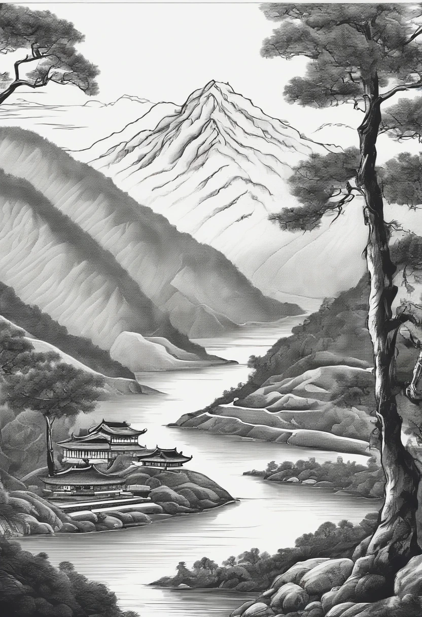 mountain water,tea plantation,Hand drawn line drawing,Line drawings,Ultra-clear details,black andwhite,超高分辨率,8K
