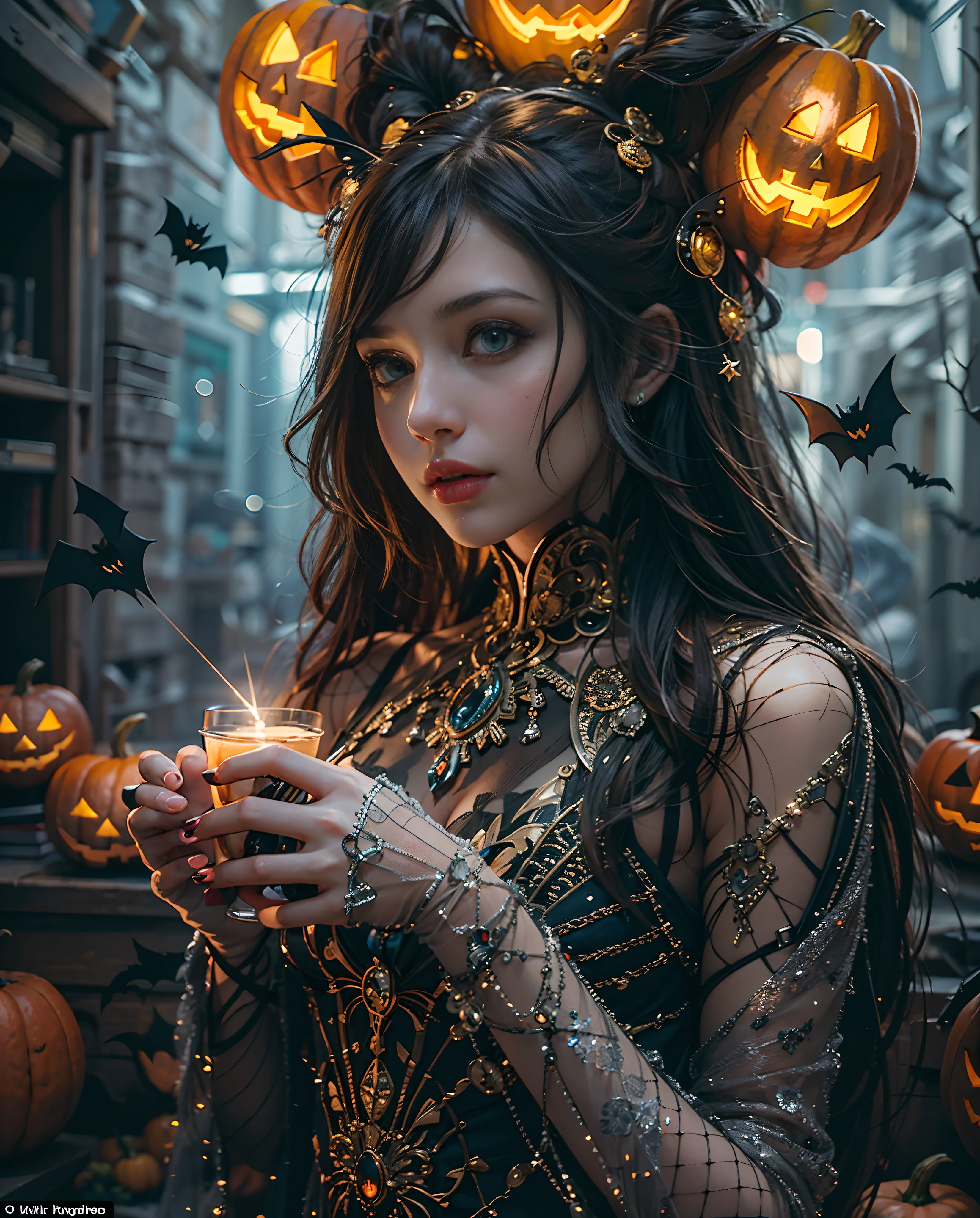 Best quality, masterpiece, meticulous details, intricate detail, realistic, a hot futuristic lady amidst spooky halloween vibes, lens flare effect