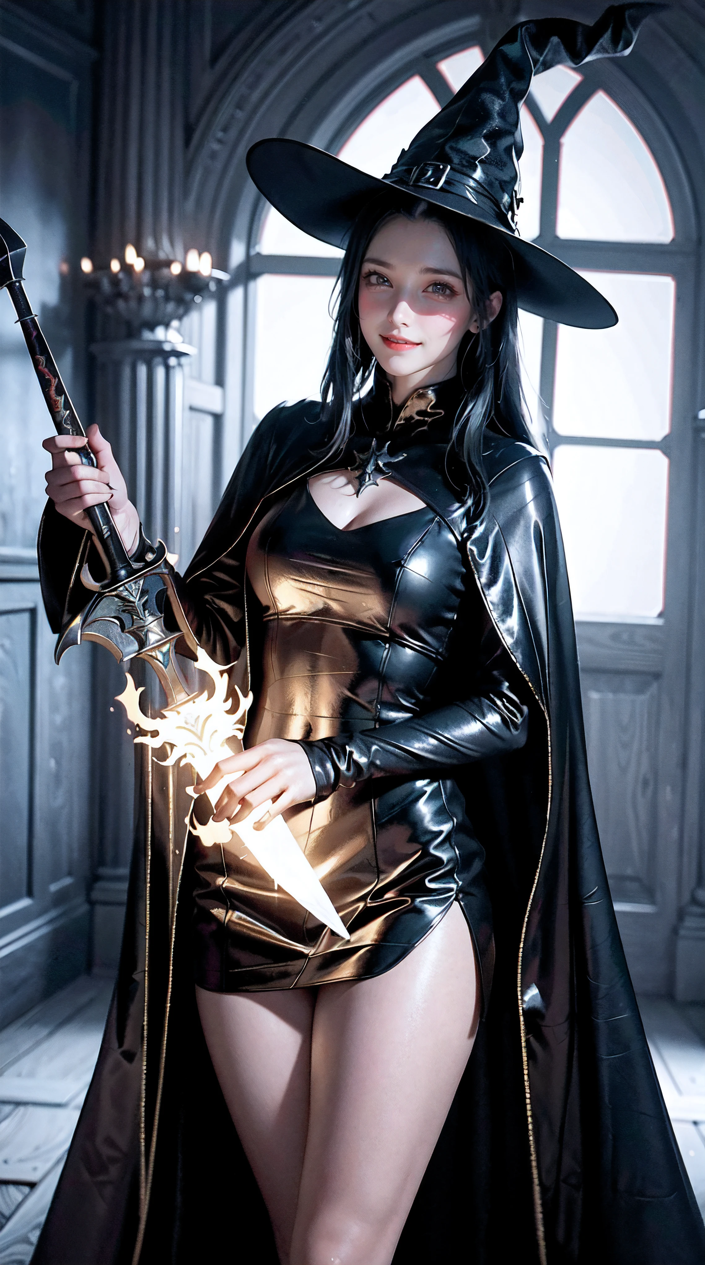 A witch, wearing a cloak, handing a flaming great sword. Oil painting, ultra-detailed, realistic:1.37. Dark and mysterious atmosphere, with a touch of eerie light illuminating the scene. Vibrant colors with a hint of desaturation.
