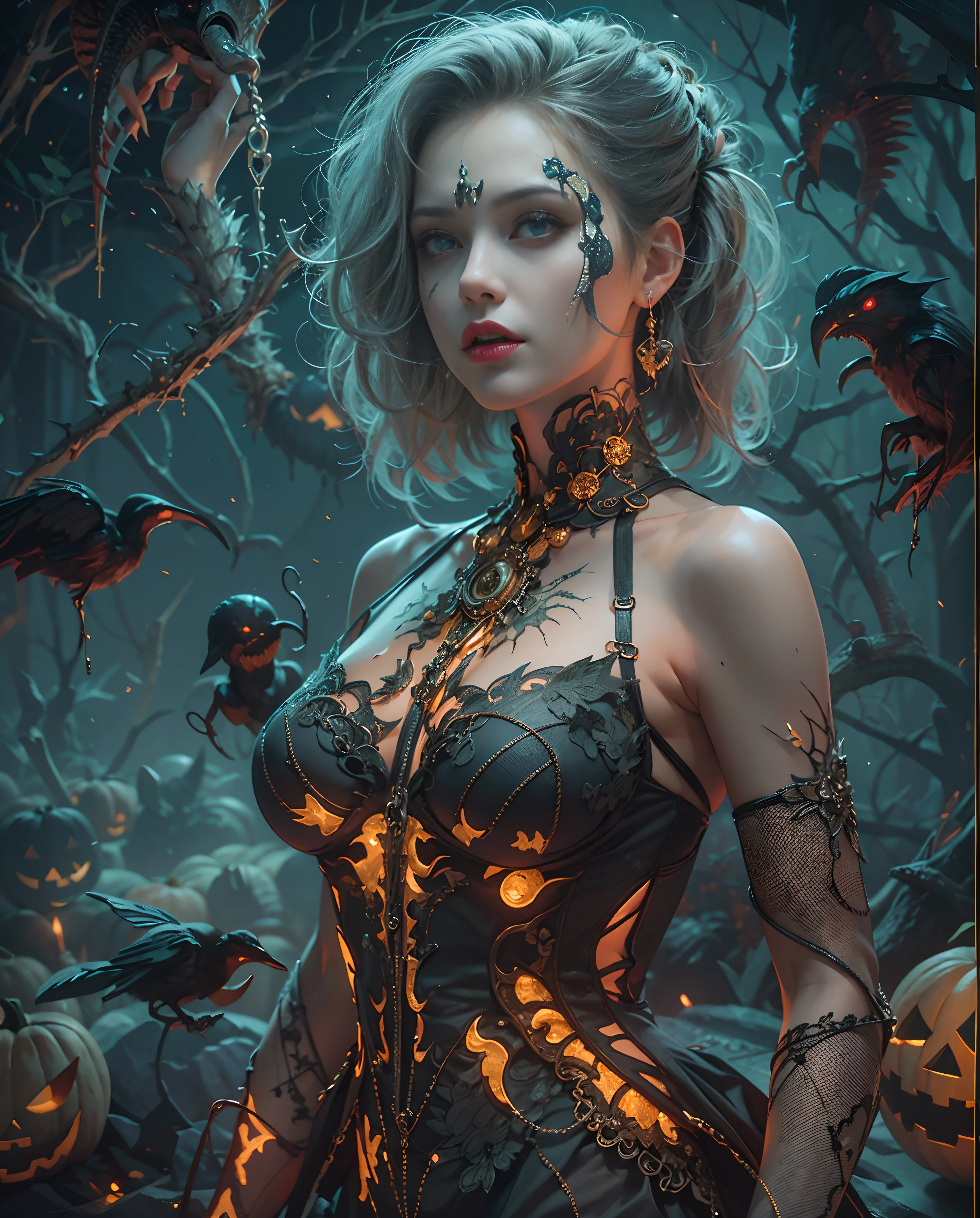 Best quality, masterpiece, meticulous details, intricate detail, realistic, a hot futuristic lady amidst spooky halloween vibes