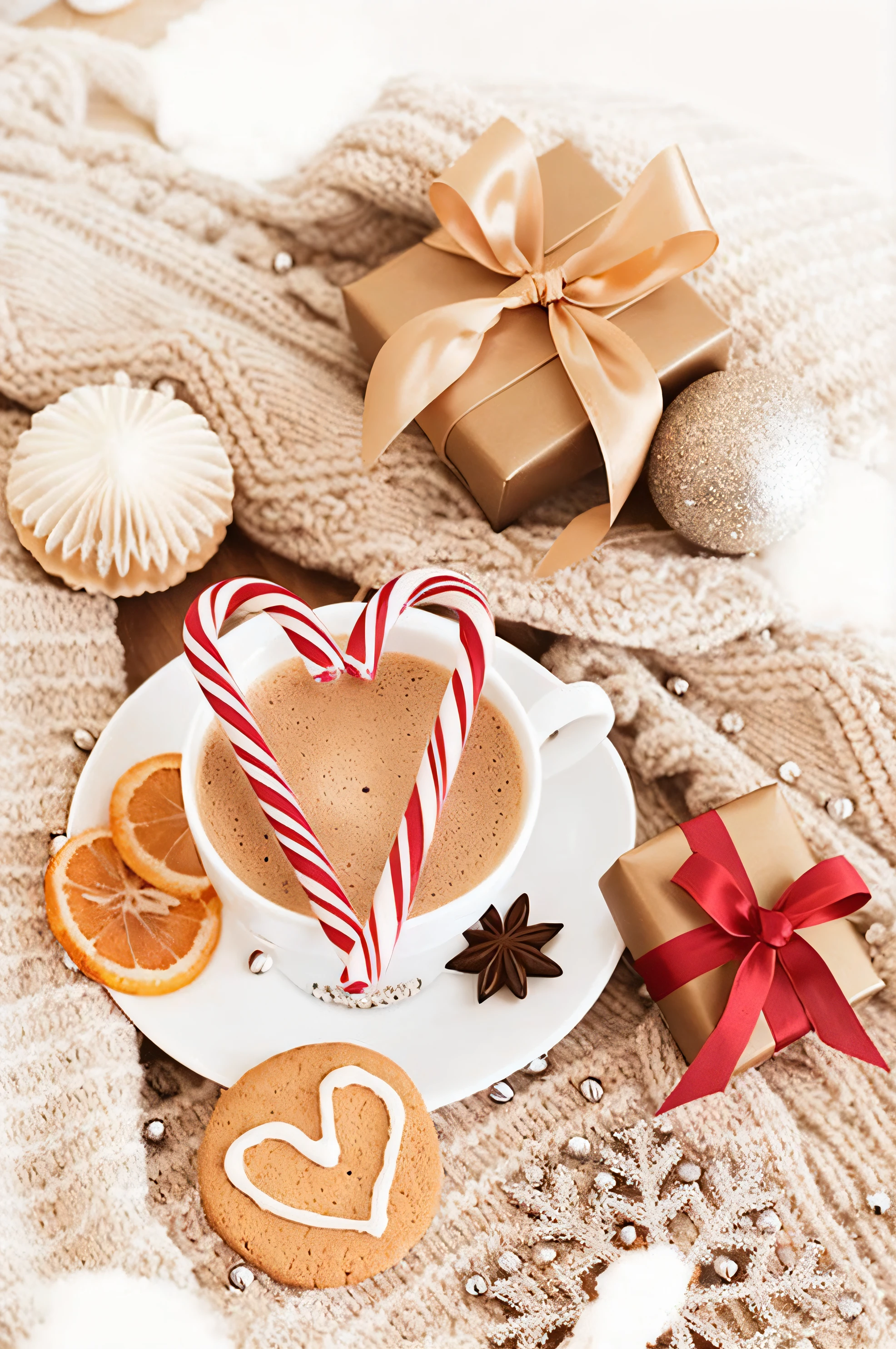 There was a cup of coffee,There is a heart-shaped cookie on it, candy cane, cozily, with a cup of hot chocolate, ❤🔥🍄🌪, hot cocoa drink, candy decorations, Gifts, cheerfulness!!!, Holiday, Grand!, festivity, Festive atmosphere, happy cozy feelings, Warm and happy, ✨🕌🌙, Soft and warm, festivity