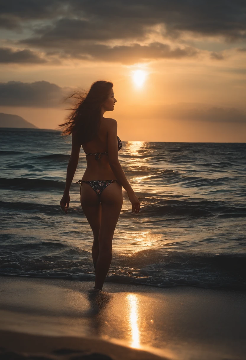 Evening Sea There's a beautiful girl in a bikini walking by the beach.