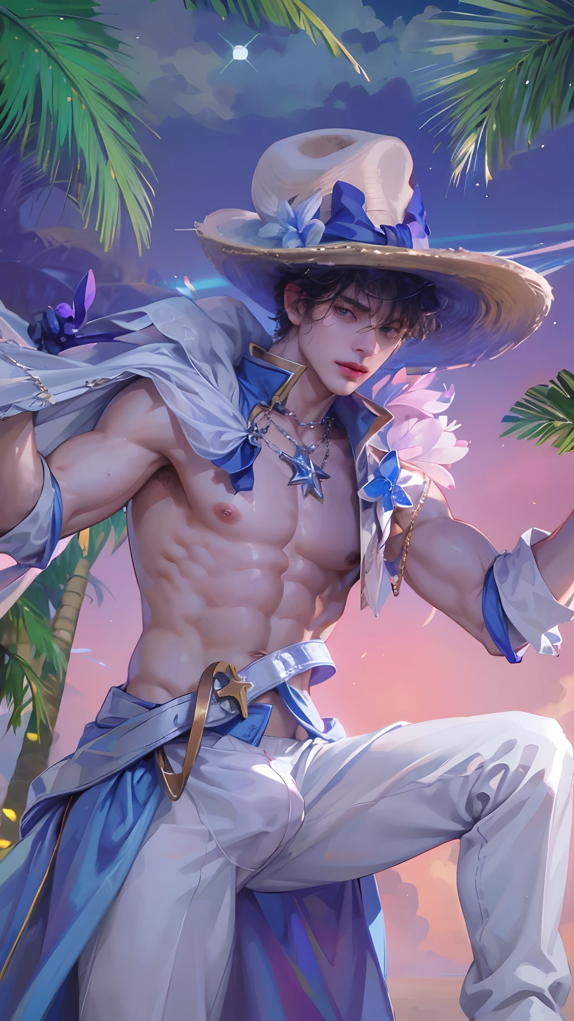 8K, Best Quality, Masterpiece, Ultra High Resolution, (Realistic: 1.4), Original Image, (Realistic Skin Texture: 1.3), (Film Grain: 1.3), (Selfie Angle), ( 1 boy), (Short hair), (Wearing Fedora hat), Beautiful eyes and facial details, Masterpiece, Best quality, Close up, Toned body, Perfect muscles, Exposed chest muscles, Six-pack body, Natural skin, Hairless, Shirtless, Transparent white underwear, (Boy standing, (Summer, Beach, Trees, Coconut trees, Flowers, Blue sky, White clouds, Sunshine )