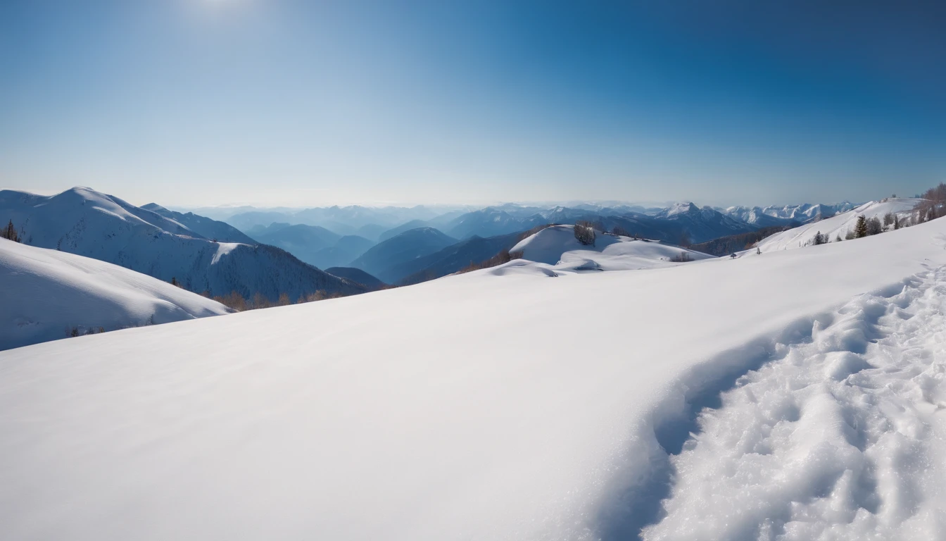 Climb the back of the snowy mountain alone，Very shocking picture，Blue sky，suns
