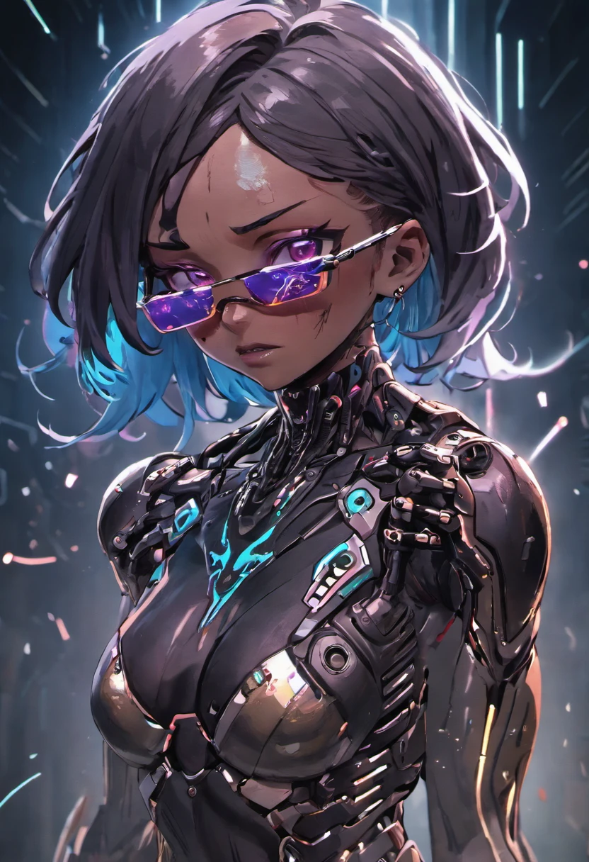 (highly detailed: 1.2), (canon EOS R6 best quality: 1.2), (8k: 1.0), (emb-rrf-low: 1.0), (lots of large black tattoos on cybernetic head open in the middle showing the inside, detailed face, hyper detailed eyes and wearing hi-tech sunglasses with holographic display 1.2), sharp focus (awarded photo: 1.2), (subsurface scatter: 1.2), (subsurface scatter: 1.2). 1.1) (a beautiful ultra-detailed cyborg: 1.2), ( hyper-detailed hair: 1.2), (wonderful body: 1.2), (full body: 1.2), (dynamic stance :1.2), neon glow, (detailed cybernetic eyes:1.1), close-up (hyperrealistic:1.2), rpg, CyberPunk 2077 style, dramatic lighting, (highly detailed futuristic cityscape:1.2), (sci-fi: 1.2). 1.2), professional portrait photography, by wlop greg rutkowski jeffrey simpson alphonse mucha
