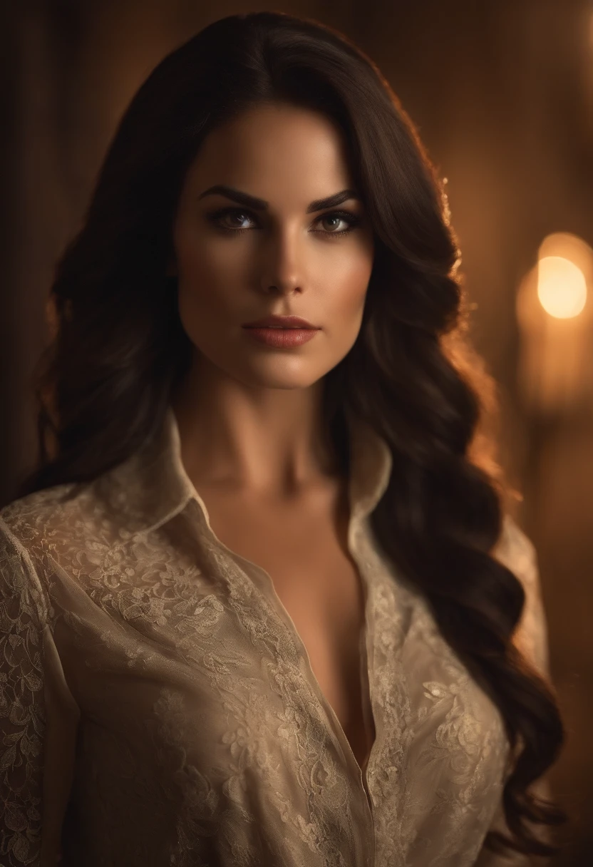 I want you to create me a girl who looks like Lana Rhodes without the tattoos, a little more tanned type Latina, qui regarde le spectateur droit dans les yeux, with a very realistic detailed face and body.