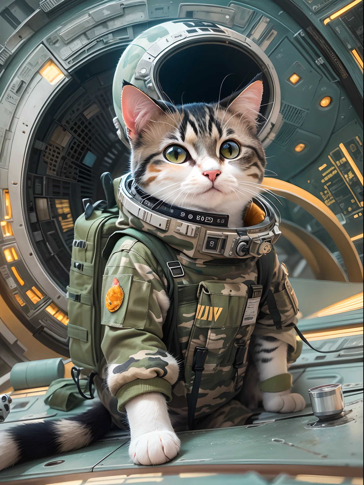 A cute round-eyed cat, Wear camouflage clothing, on spaceship,  sunraise.