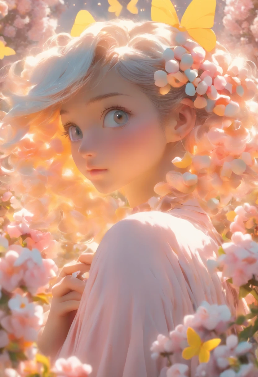 detail, Realism, 4K, 15-year-old girl, facial detailing, large yellow eyes, Plump lips, Upturned nose, Gray hair on pink hair, Wearing a white dress,（ Black rabbit in his hands）, Flowers in the background, White butterfly in the foreground, Realistic shooting, depth of fields, Soft front light, Glow, nffsw (PastelColors: 1.2), Canon RF 100mm f2.8L 宏 IS USM
