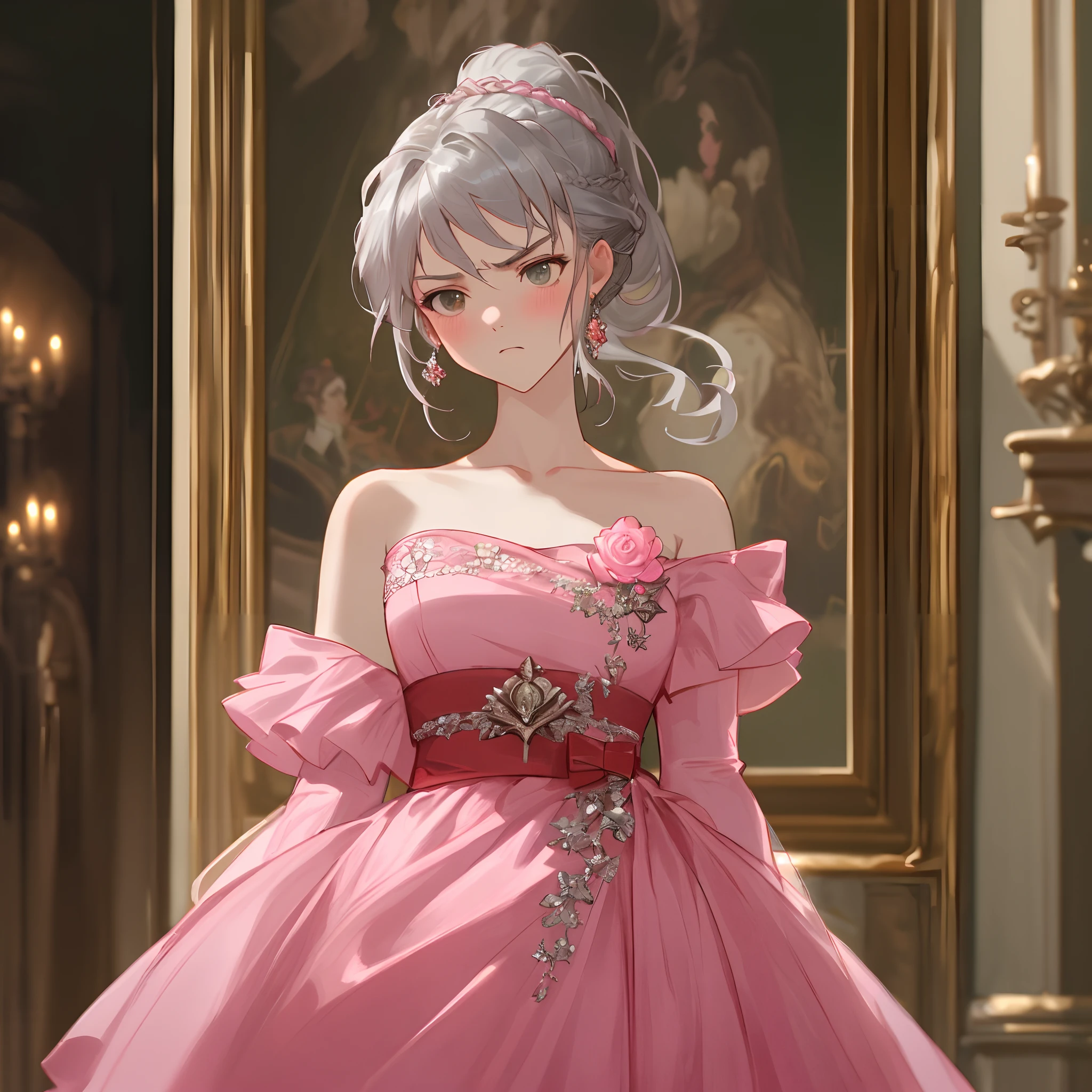 Woman, serious, elegant, pink dress, aristocratic, silver elements, long nails, bare shoulders, hairstyle, hair up, braid and ponytail, messy, arrogant, absurdes, detailed dress, royalty, celebration, hall decorated with flowers, cowboy shot, portrait, (best quality), (masterpiece), (highly detailed), (4k)