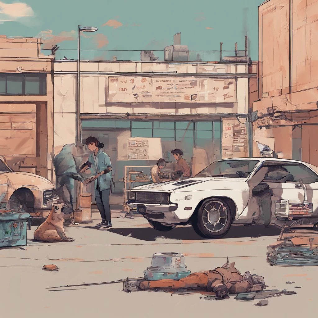 Semi-realistic illustration of car repair shop, Girl sticking car clothes,Boy crouched on a car suit,The other raised his coat,Carefully check the translucent color of the clothes, Everyone does different parts in the process of applying car packaging. One of the men had slightly darker skin. 4K,k hd。There was a Labrador watching。