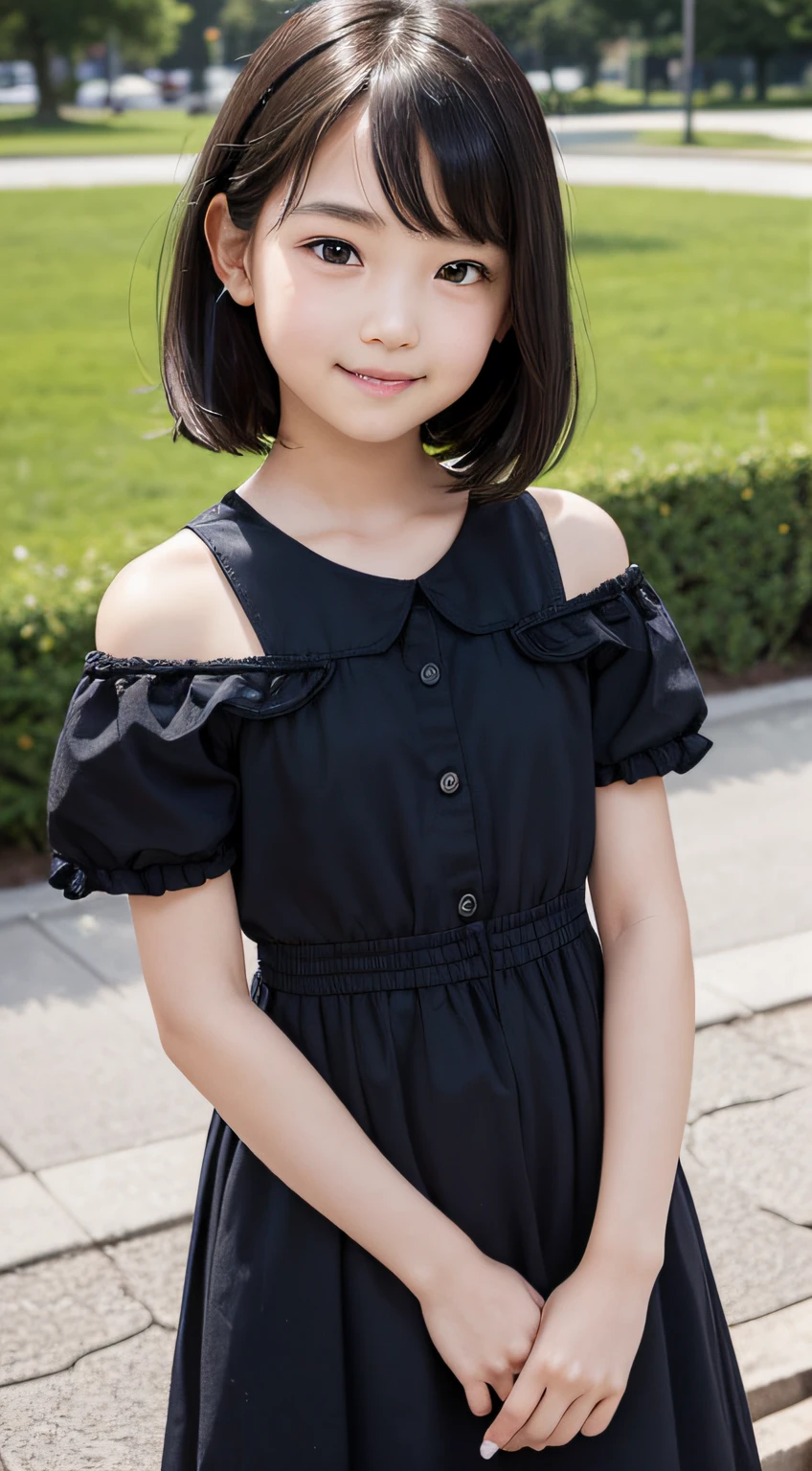 超A high resolution, Best Quality, Detailed face, AW photo high ,Facing up、adolable、 High nasal muscles、Smile, small tits、 a park, Realistic face, ((A -yeld gi)、Smile, a park, Low contrast, Soft cinematic light, Soft cinematic light, short-hair, bobhair、 Cute face, Smile, Black hair, 12 year oFemale children))、Summer, Dmple dress, Dynamic Side ,Perfect 、detailed hairs, (1girl in )、looking at the viewers,Body in front