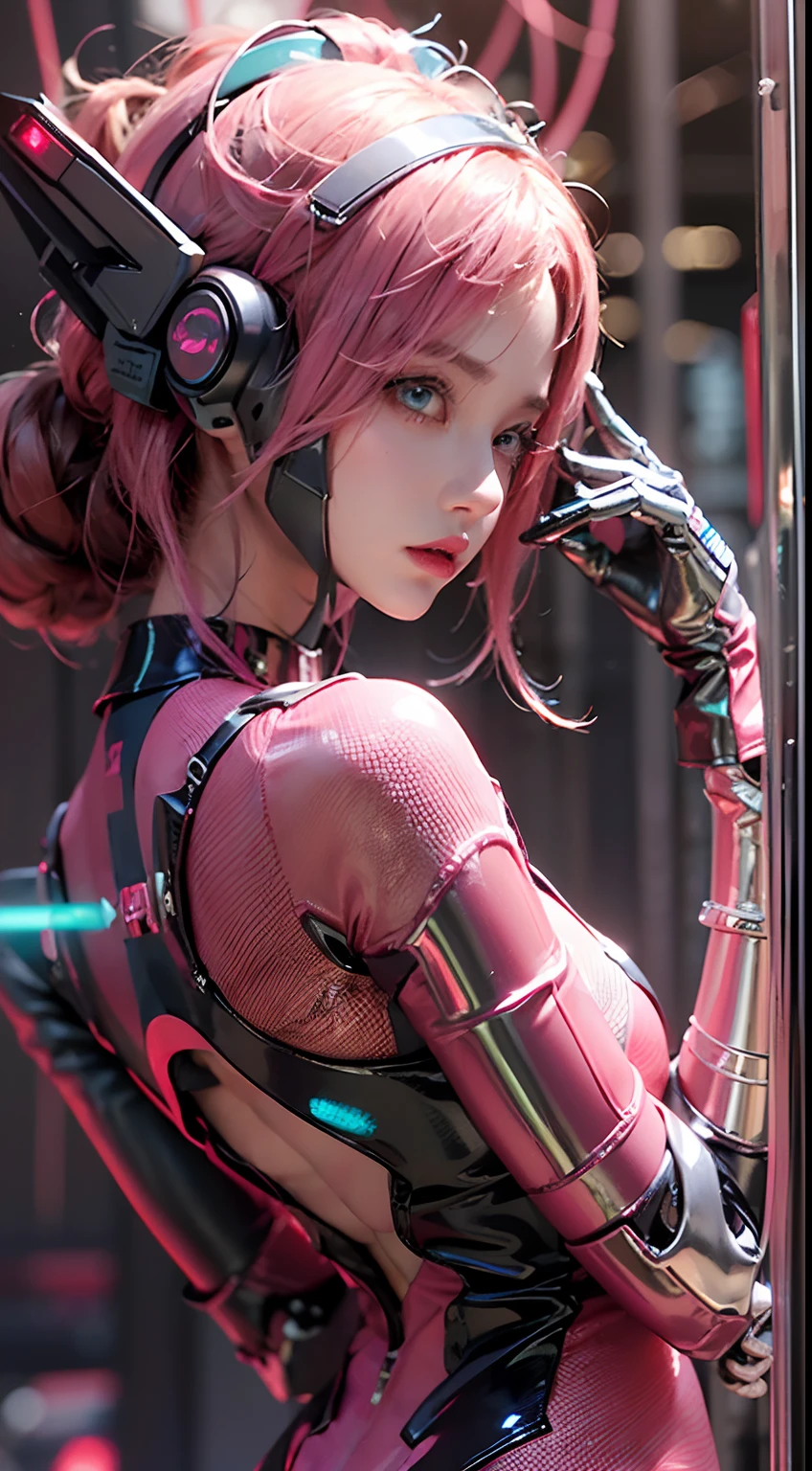 Full body like,(((Perfect girl portrait shoot))), ((Extremely long curly fluorescent cyberpunk hair)), Best image quality, Masterpiece, Super high resolution, (Fidelity:1.4), Photo, (((1 girl))) Dim, Darkness, Movie, (Translucent futuristic black clothing and costumes:1.5), (Translucent clothes:1.4), ((Cyberpunk)), cyber outfit, ((robot)), Apocalypse, Futuristic, (((Oversized hanging breasts))), ((Perfect and distinct facial features)), ((Portrait)), (((dynamic shot))), ((Perfect body)), ((Award-winning ultra-realistic photos)), (((Extremely tight reflective translucent latex))), Pastel textured colored background, Colourful, vibrant, ((Gorgeous perfect color reflective eyes)), (Spherical flying robot)), ((Soap and bubbles))Top quality, Masterpiece, 超高分辨率, (Photorealistic: 1.4), RAW photo, 1 Cyberpunk Girl, Glossy glossy skin, 1 mechanical girl, (hyper realistic detailed)), (((Full body shot))), Global illumination, Contrast, Shadows, Octane rendering, 8K, ultrasharp, raw skin, metal, Intricate Ornament Details, Japan Details, very complex details, Realistic light, CGSoation trend, Facing the camera, neon light detail, Mechanical limbs, Blood vessels connected to the tube, Mechanical vertebrae attached to the back, mechanical cervical attachment to the neck, wires and cables connecting to head, gundam, Small LED lamps.(RAW photo:1.2),camel-toe,Pink latex jumpsuit,Hollow-out on,Holt collar, latex shiny,tight-fitting,sweat leggs,White liquid, Pink body, wearing atsuko kudo latex outfit, wearing tight suit, Smooth pink skin, catsuits, Wearing latex, shiny plastic, shiny metallic glossy skin, The color of pink glow, latex outfit, chrome bodysuit, cyberpunk glossy latex suit, Shiny, futuristic glossy latex suit,spread their legs,M-shaped legs,angry look,sullenness,Irritated,white liquid all over body,Full body like,