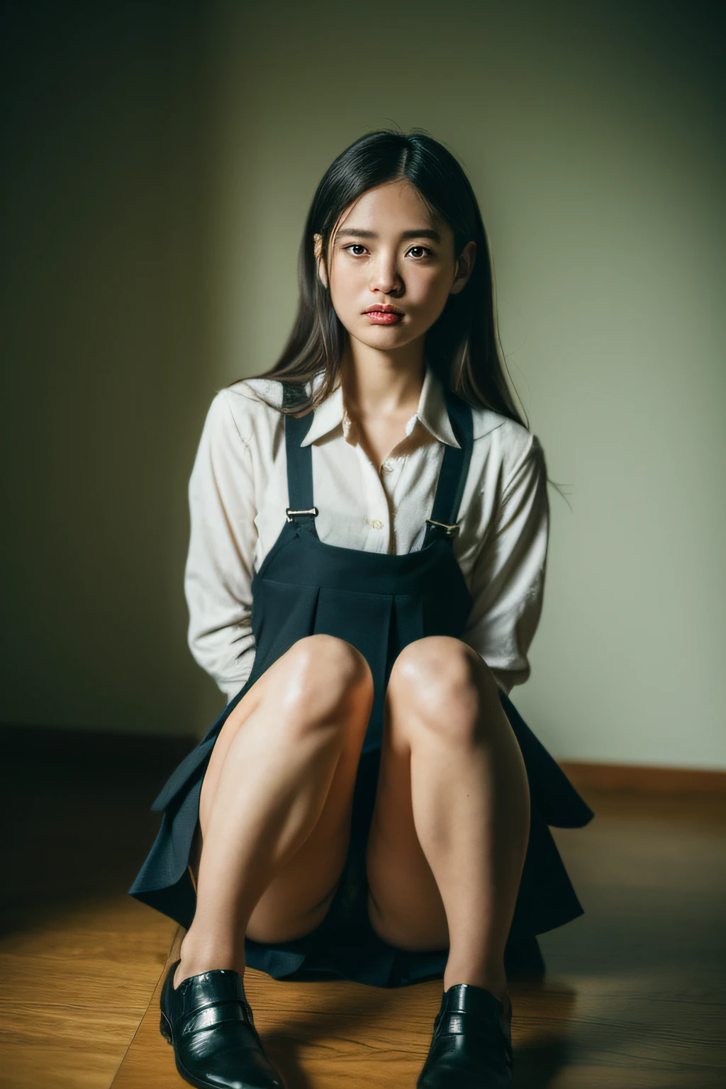 frontage、Sit on the floor with your legs stretched out、Open your crotch、pantiy、Best Quality, masutepiece, 超A high resolution, (Photorealistic:1.4), Raw photo, 1girl in, Directed by Shane McMellen,, Photo taken with Ektachrome, distorted portraiture, Surreal sculpture, Gothic dark and moody tones, Softbox lighting, instax film, Solo,(Immersive atmosphere, Chiaroscuro:1.5,Bright light:1.2,Luminous lighting) ,,(blush:0.5),fascinated expression,Extremely detailed_Eyes,thick thighs,beautifullydetailedbackground,depth of fields,Realistic:1.3, longshot,1girl in,Shirt,Pleated skirt, School uniform