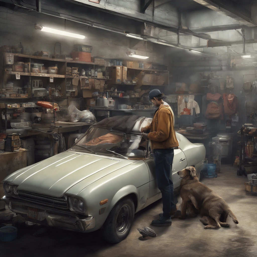 Semi-realistic illustration of car repair shop, Girl sticking car clothes,Boy crouched on a car suit,The other raised his coat,Carefully check the translucent color of the clothes, Everyone does different parts in the process of applying car packaging. One of the men had slightly darker skin. 4K,k hd。There is a black Labrador watching。