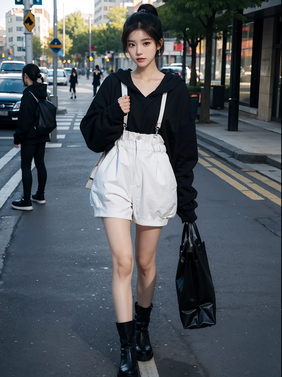 1girl, 175cm,korean kpop idol and model, 22 years old,soft body, close-up, 8k, RAW photo, best quality, masterpiece,realistic, photo-realistic,seductive,cute,A beautiful woman in a oversized black hoodie, short pants,tall white boots,Liuhai hairstyle,ponytails hairstyle , large earring ,With white handbag,( walking down the street)