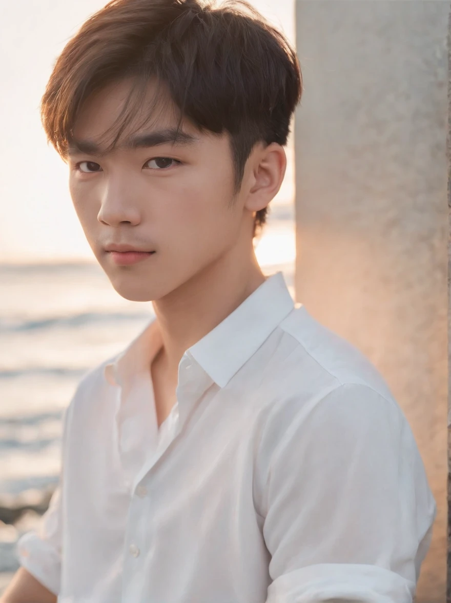 Hidemi Shimada,japanese boy , 18 years old, student, Seaside, boy,White shirt, sunlight, light, 35mm focal length, angle, natural light, bright, soft, minimalist, clear subject, captured in a half-body shot,photography, cinematic, high detail, hyper quality, high resolution, HD, 8K, Romanticism, close-up, dslr, character,