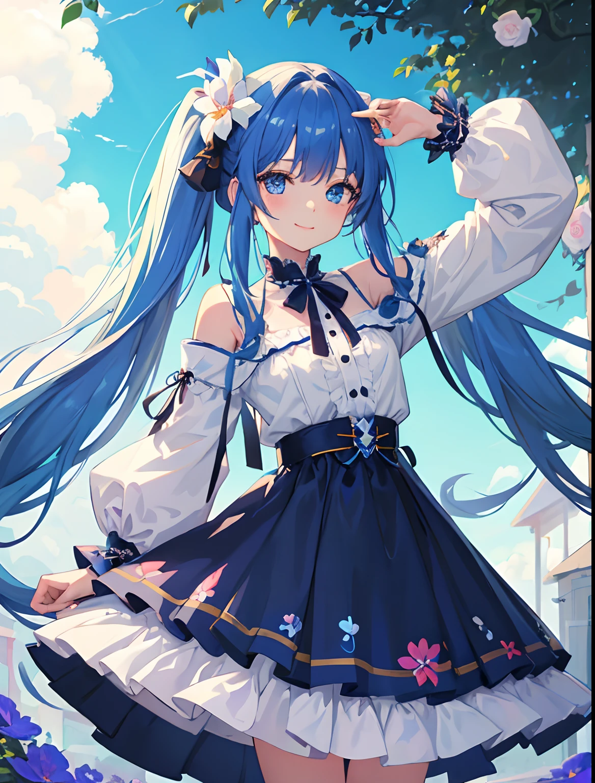 masterpiece:1.2、hightquality、top-quality、hight resolution、detaileds、A hyper-realistic、1girl in、long hair with light blue twin tails,,,,,,、Beautiful blue eyes、Standing in a flower garden、colorful outfit、blue-sky、full body Esbian、rainbows、Lovely smile、Cosmos flower、(A detailed face)、((foco nítido))、