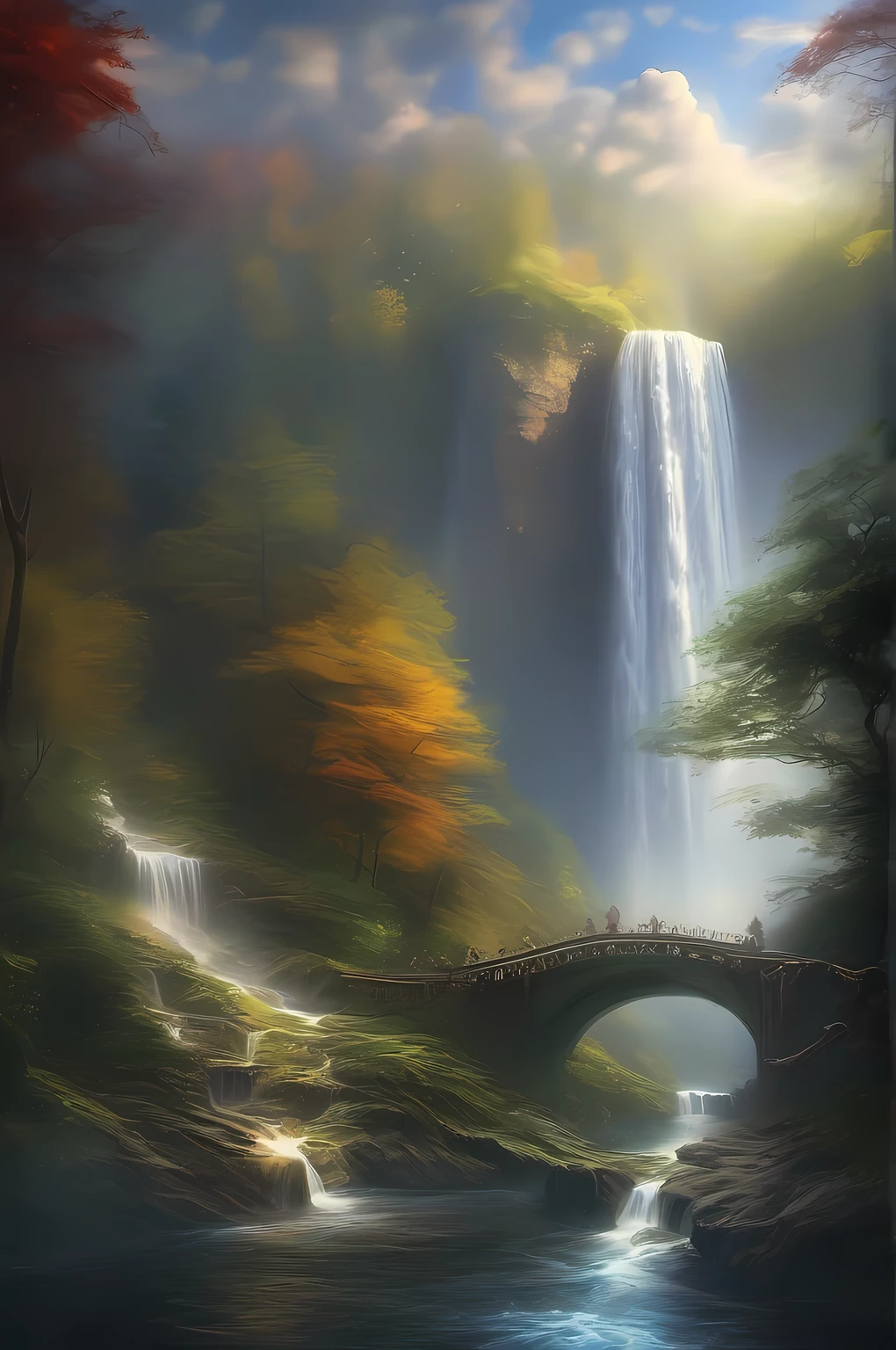 Elven Forest、Fantastic forest、Foggy forest、(((A sacred waterfall tinged with magical powers:1.5), large waterfall、Thick waterfall、Elven forest waterfalls like Niagara Falls、Fantastic atmosphere、ghost、