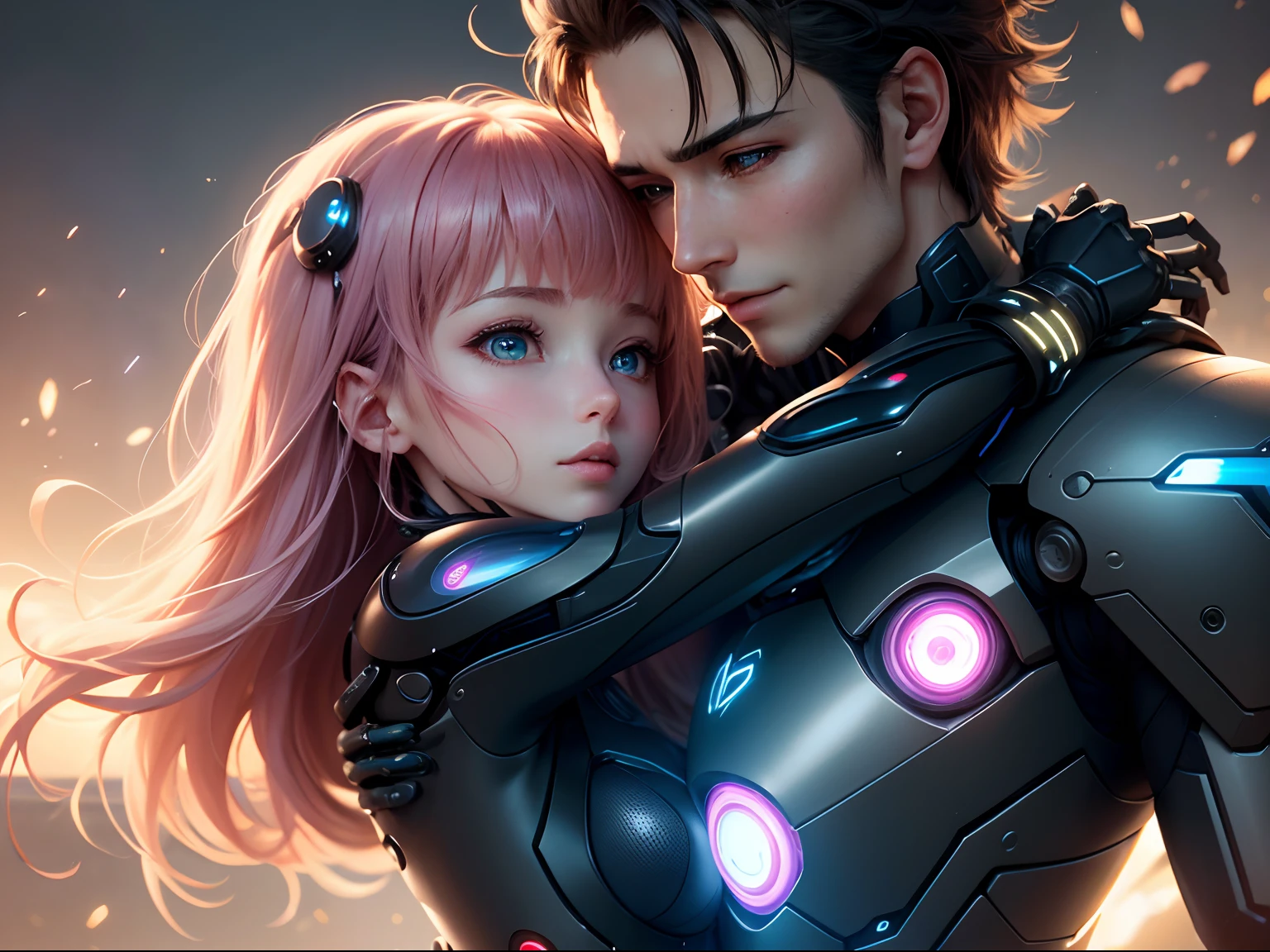 robot and catgirl couple hugging,detailed futuristic android,mechanical features,cyberpunk,neon lights,steampunk,cybernetic enhancements,romantic atmosphere,soft glow,emotional embrace,sparkling eyes,subtle blush,flowing hair,masterpiece:1.2,ultra-detailed,realistic:1.37,vibrant colors,soft shadows,humans of tomorrow,humanoid robot companion,intense connection,warm embrace,magic in the air,endless love,artificial intelligence in harmony with humanity,happiness eternal