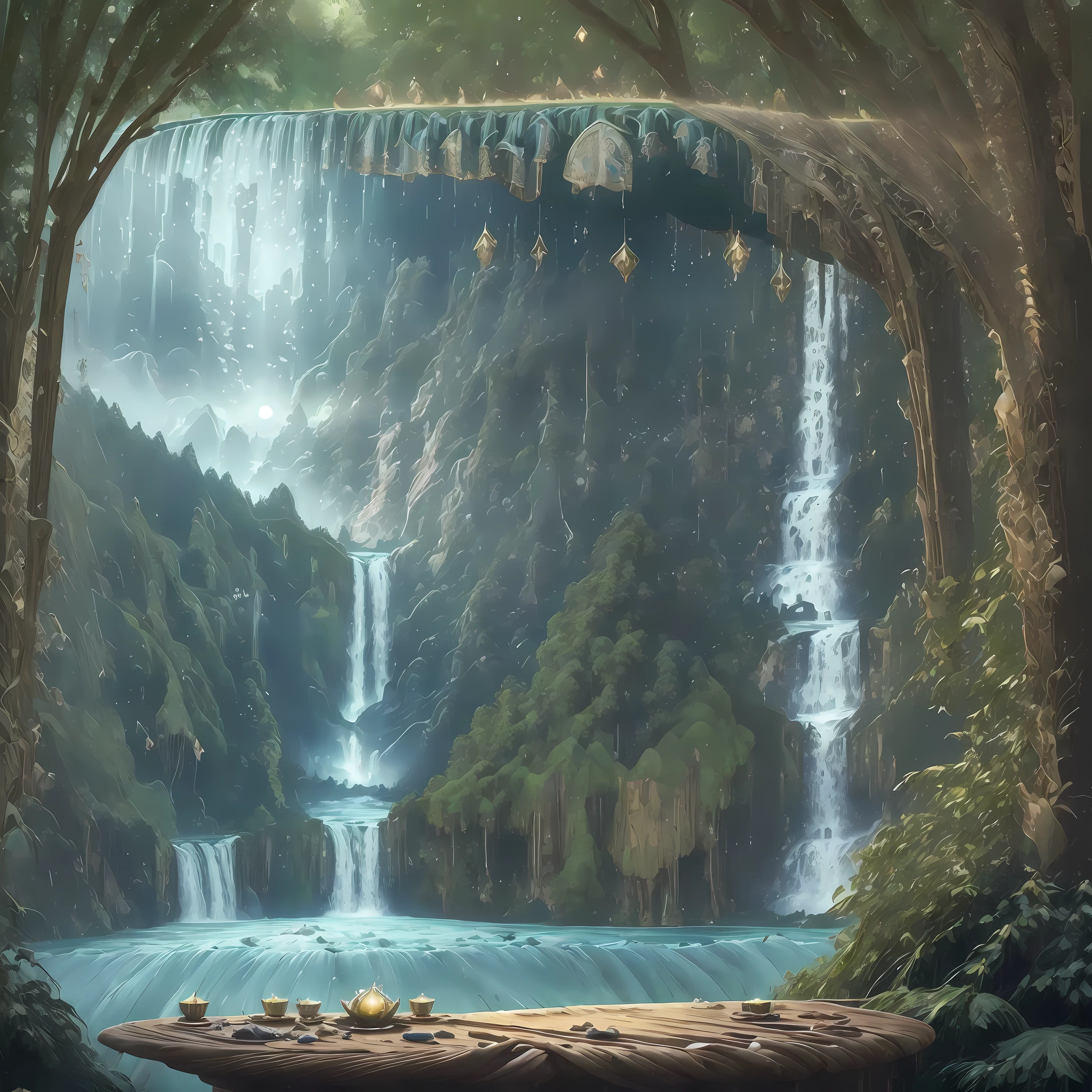 masterpiece, 32k, unity 8k wallpaper, ultra detailed, ultra realistic, bubble, masterpiece, best quality,  Elven Forest、Fantastic forest、Foggy forest、(((A sacred waterfall tinged with magical powers:1.5), large waterfall、Thick waterfall、Elven forest waterfalls like Niagara Falls、Fantastic atmosphere、  , (masterpiece,best quality:1.5), Style of Liam Wong,Christcore (🕌),🌿,🌳,🐚, Klingon, Embroidery, Dining table,Clear skies,Jamaican,The Mediterranean Sea