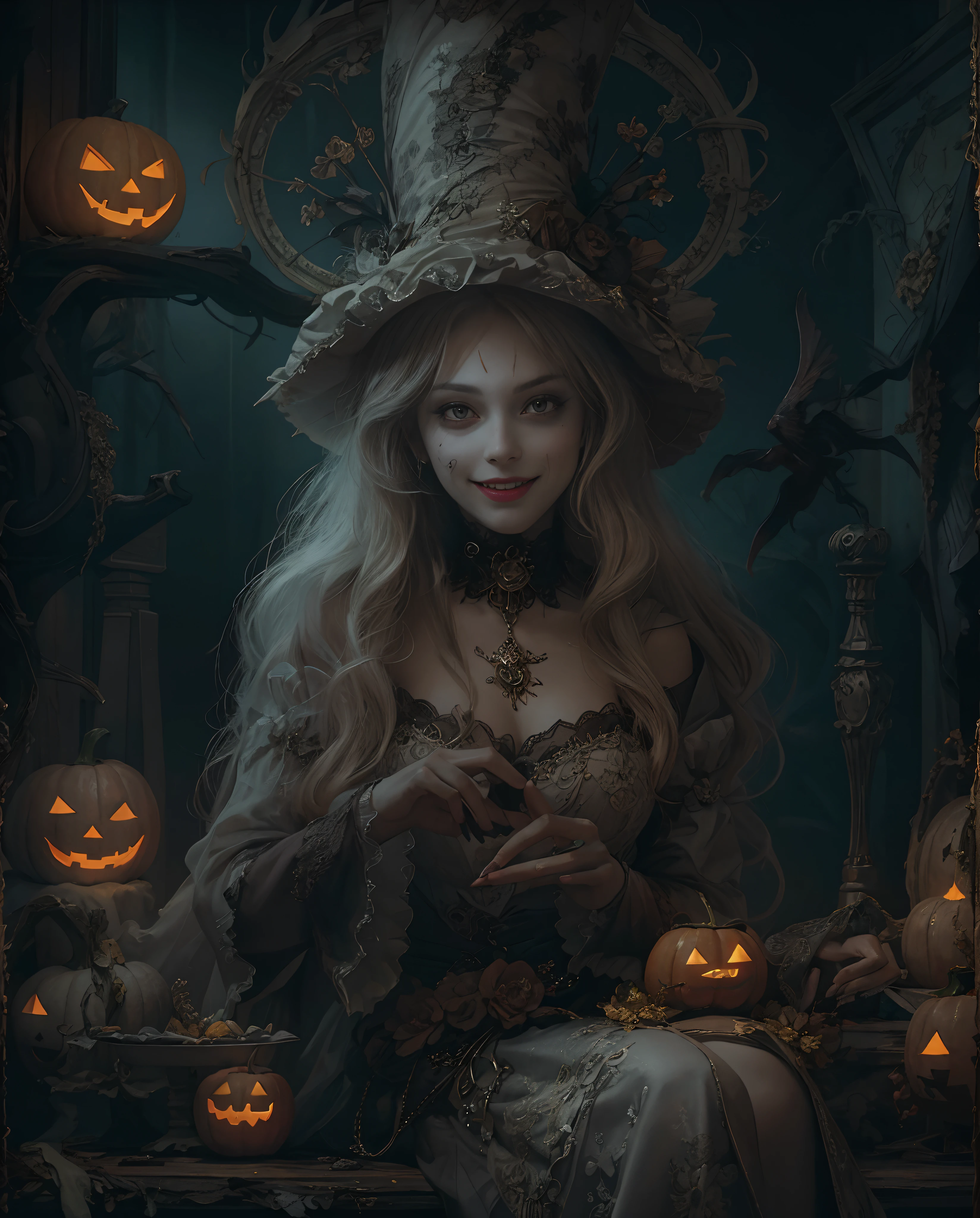 Best quality, masterpiece, meticulous details, intricate detail, a mystical hallowen lady with psycho smile expression, spooky vibes