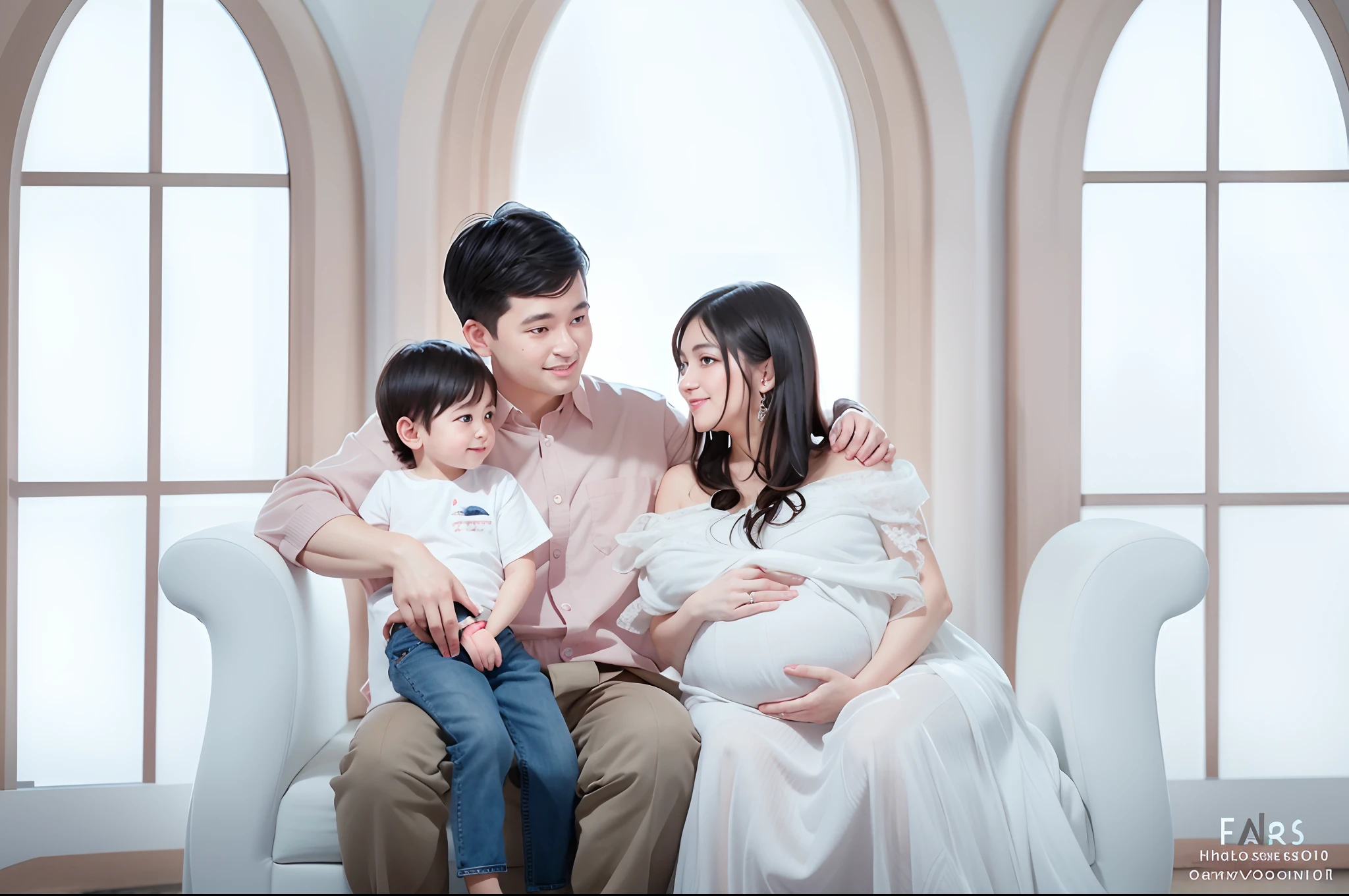 araffe family sitting on a white chair in a room, husband wife and son, home photography portrait, family photography, happy family, portrait of family of three, maternal photography 4 k, portrait image, family, pregnancy, photo taken with nikon d 7 5 0, photo taken with nikon d750, maternity feeling, pregnant, lonely family, family portrait
